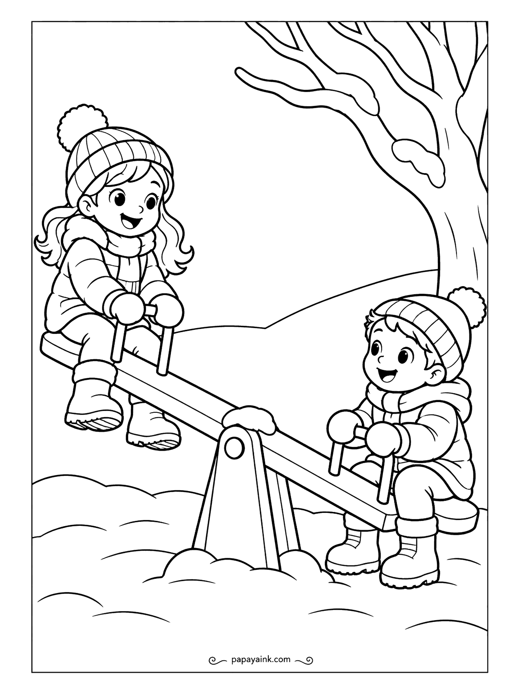 Free Printable Winter Coloring Pages - Up at one end, down at the other, both faces happy about it, with a leafless tree and a hill of snow as the whole park. Boots, hats and the seesaw plank take the color; the drifts stay white.