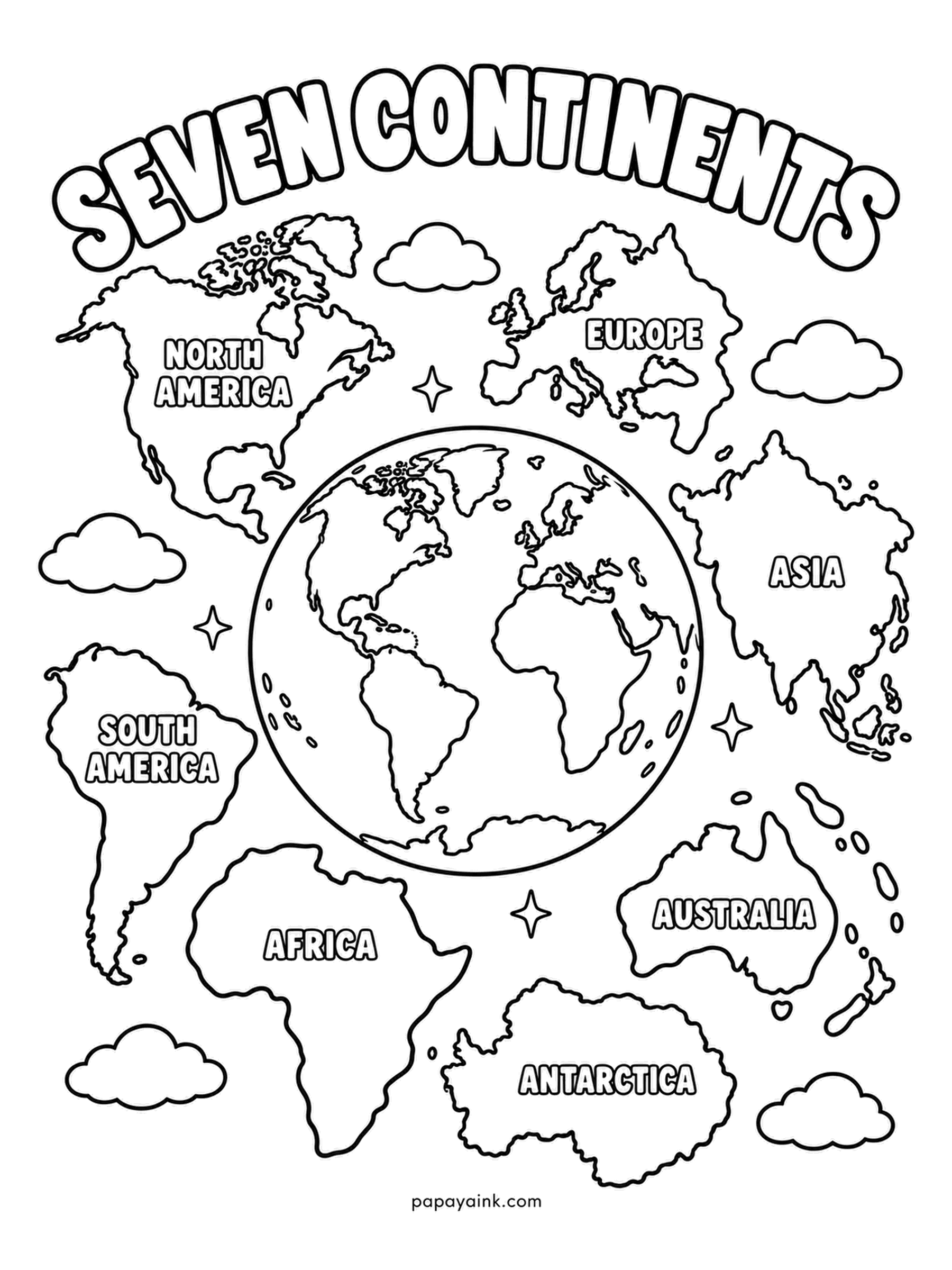 Earth Coloring Pages - All seven continents labeled and spread around the globe: North America, South America, Europe, Africa, Asia, Australia and Antarctica. Asia is the largest, Australia the smallest. A school-map scheme works well - a separate color per continent, the center globe as the answer key.