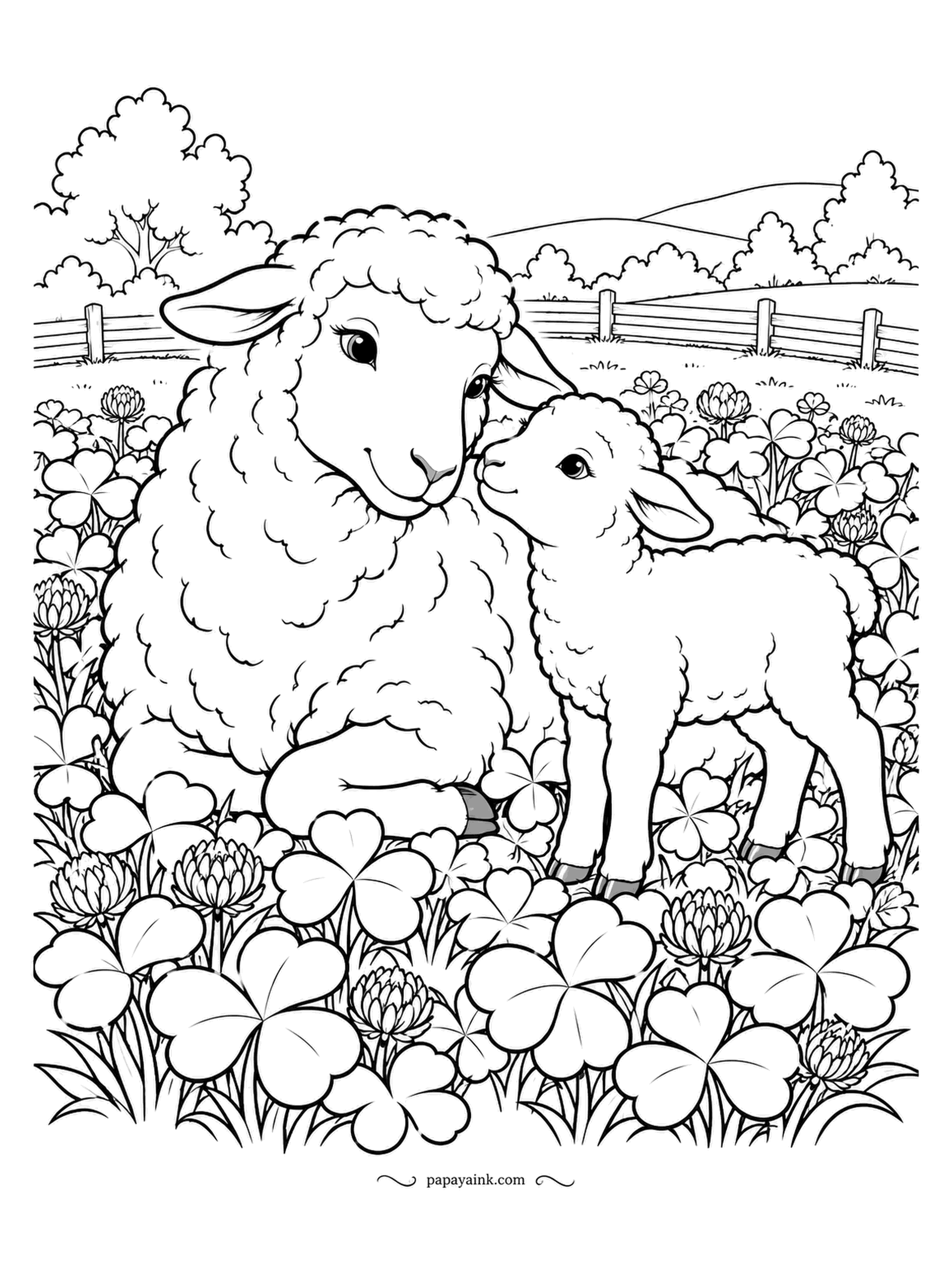 Farm Coloring Pages - Ewe lying in a field of clover with her lamb pressed against her cheek, blossoms as big as hooves all around them. Detailed - the clover is the whole foreground. Leave the fleece mostly bare and put the color into the leaves and flowers.
