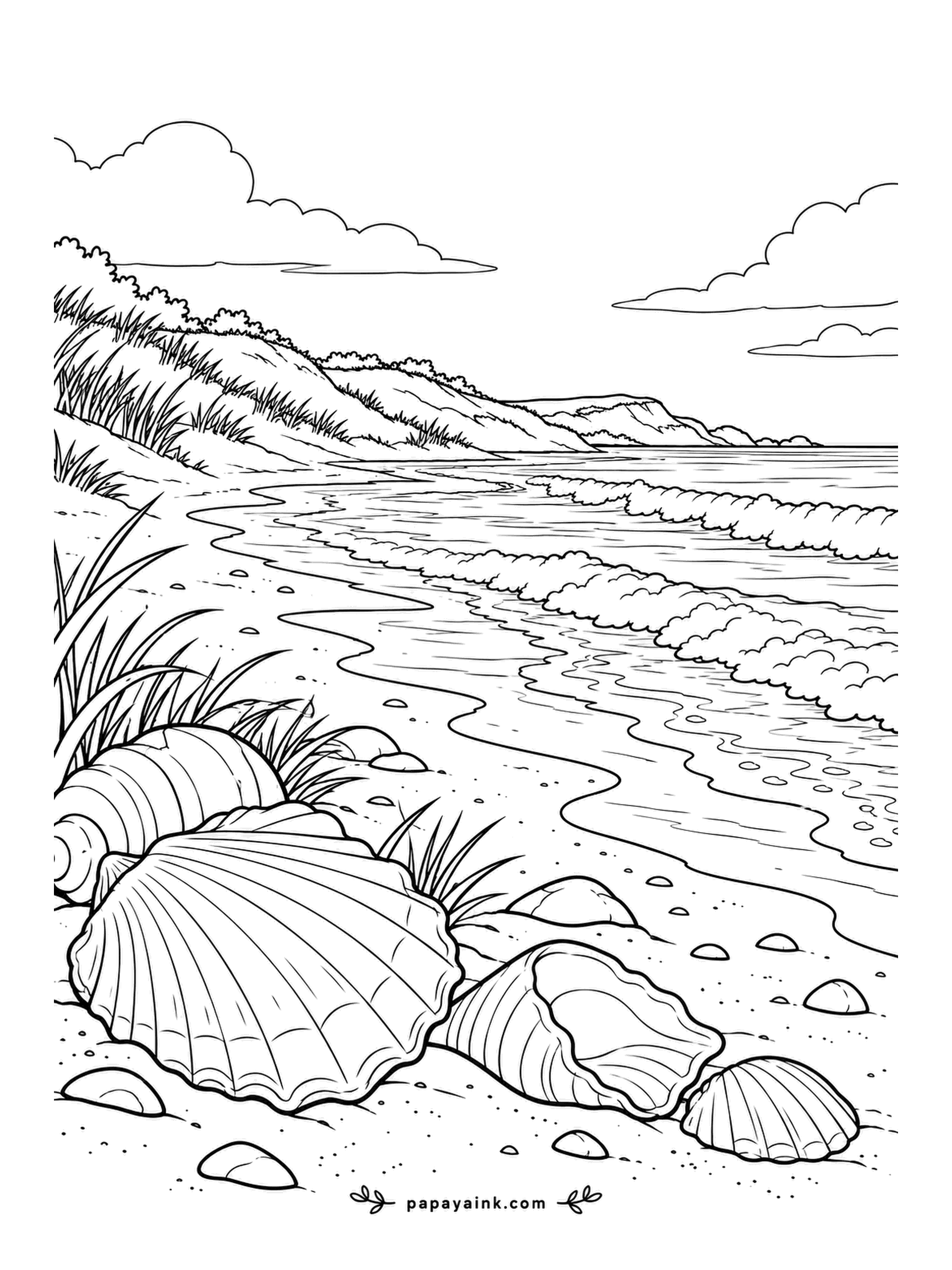 Beach Coloring Pages - Three big shells - a whelk, a scallop and a cockle - rest on a cool northern beach with dune grass behind and breakers rolling in. Northern shells are cream and tan, not tropical pink; a little warm gray in the ridges is enough.