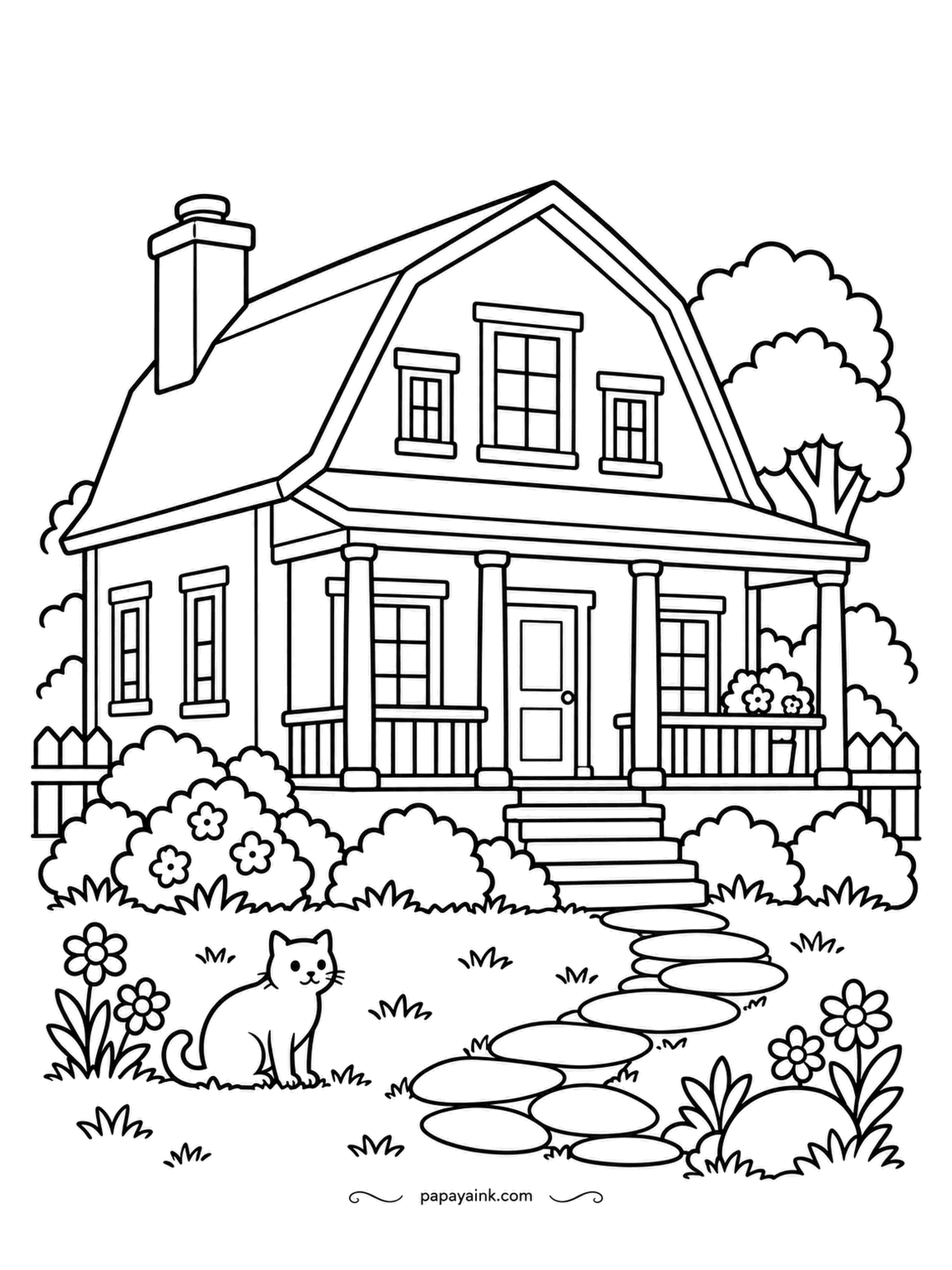 House Coloring Pages - Shingle-style houses like this one, with a gambrel roof over a full-width porch, were built along the New England coast; here a picket fence stands at each corner and a cat sits out front. Shingles weather to gray-brown, handsome against white trim.