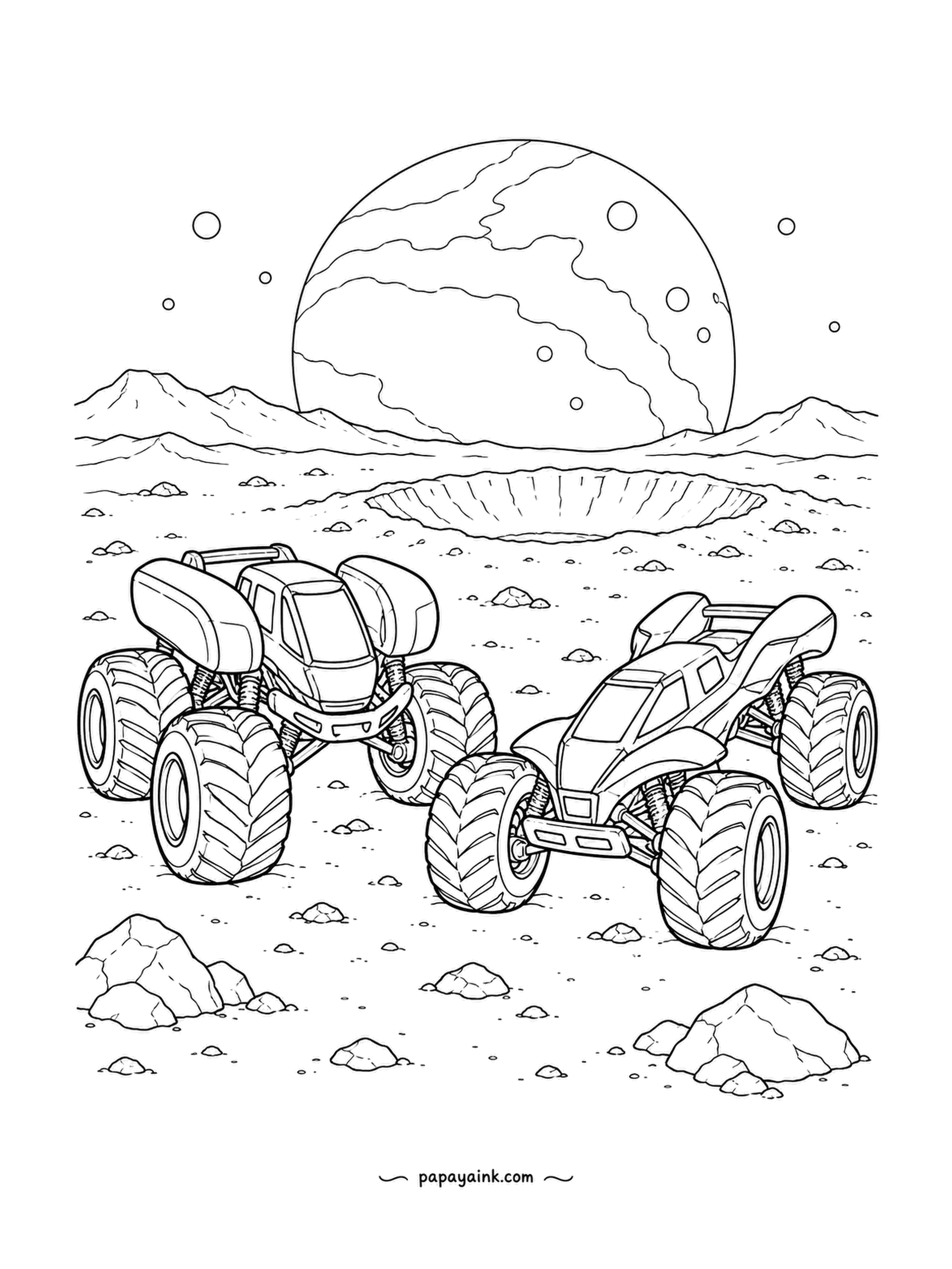 Monster Truck Coloring Pages - Lunar rendezvous: two side-pod trucks meet near a crater while a huge cratered planet hangs over the horizon. Mountains run across the back. Keep the planet pale and the sky dark.