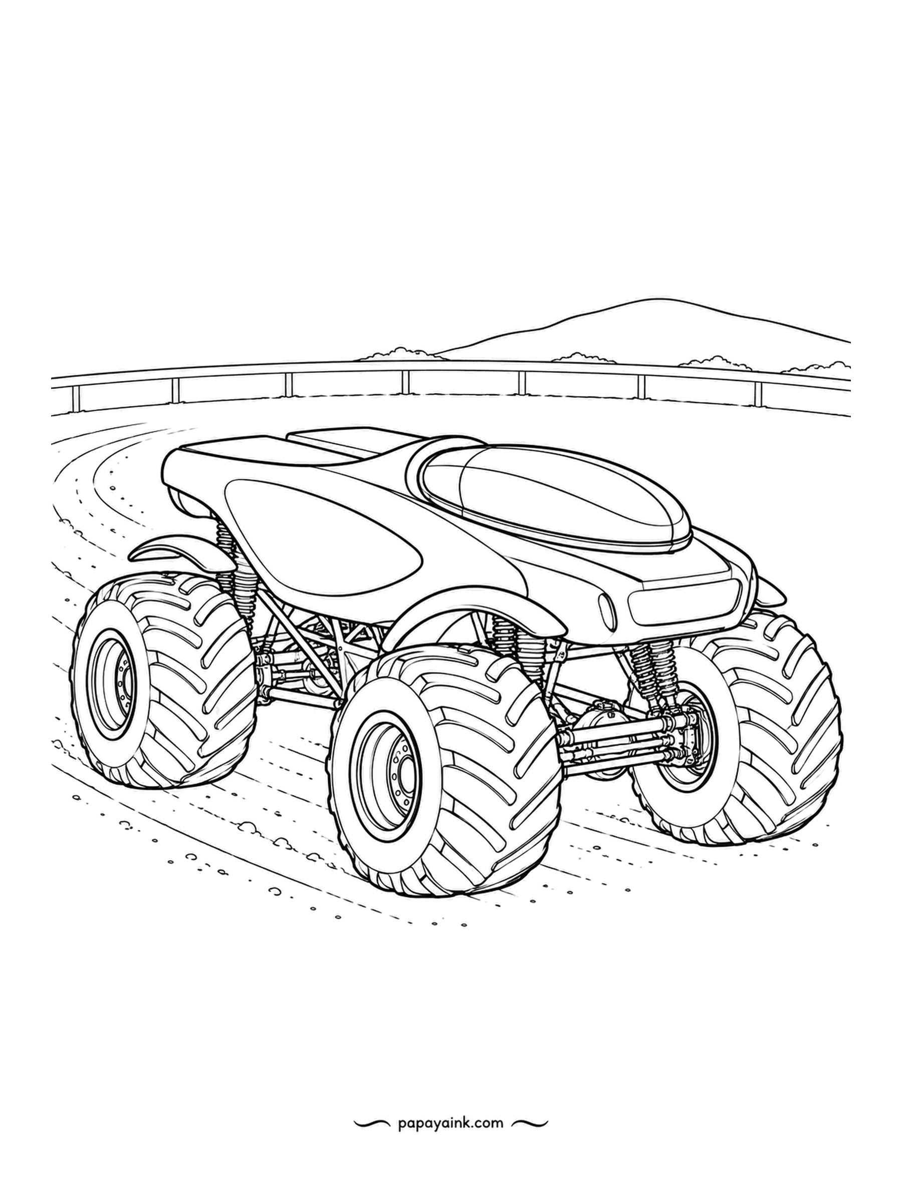 Monster Truck Coloring Pages - Outer oval of a dirt track, guardrail along the far side and low hills beyond. The glider body is one smooth shell with side pods and a tinted canopy. Few lines - a fast page to finish.