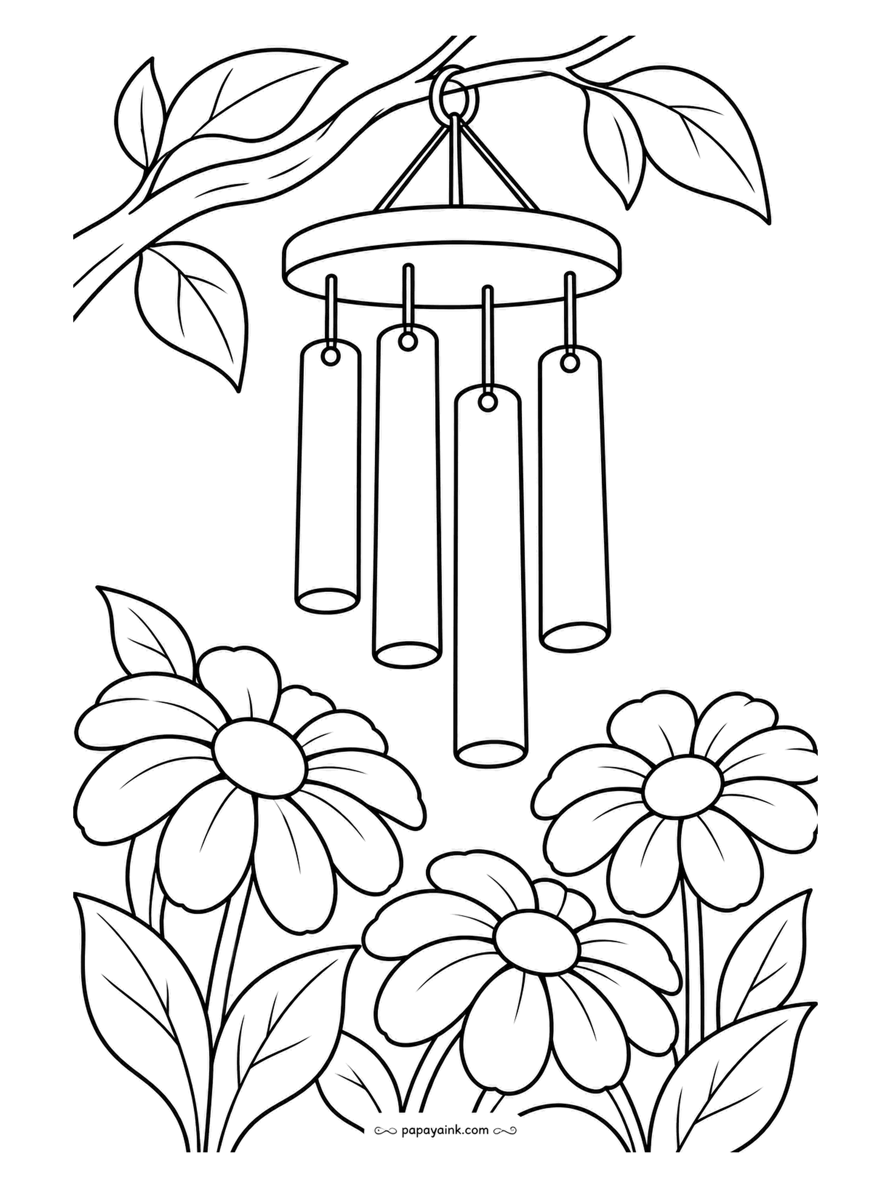 Garden Coloring Pages - Five metal tubes hang from a branch above a bed of daisies and coneflowers, waiting for a breeze. Chimes are usually silver or brass - light gray with one highlight down each tube does it - and the daisies take all the color.