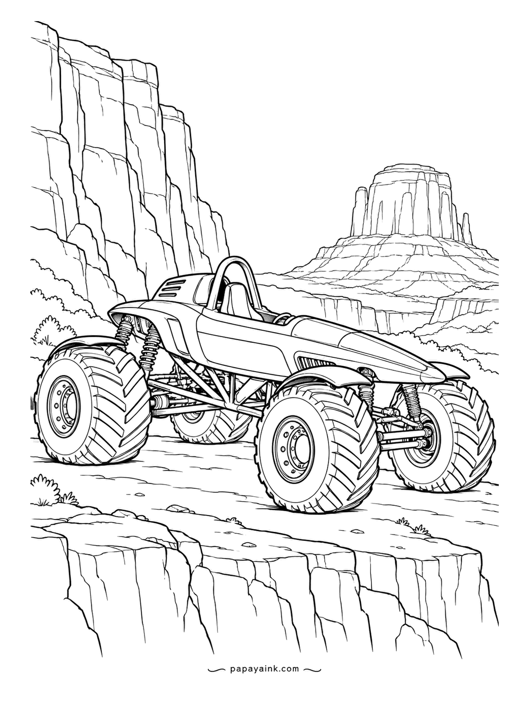 Monster Truck Coloring Pages - Spear-nosed truck with a single roll hoop, creeping along a canyon shelf with a sheer drop on one side. Layered cliff lines run the whole height of the sheet. Sandstone reds and oranges, darker toward the bottom of the gorge.
