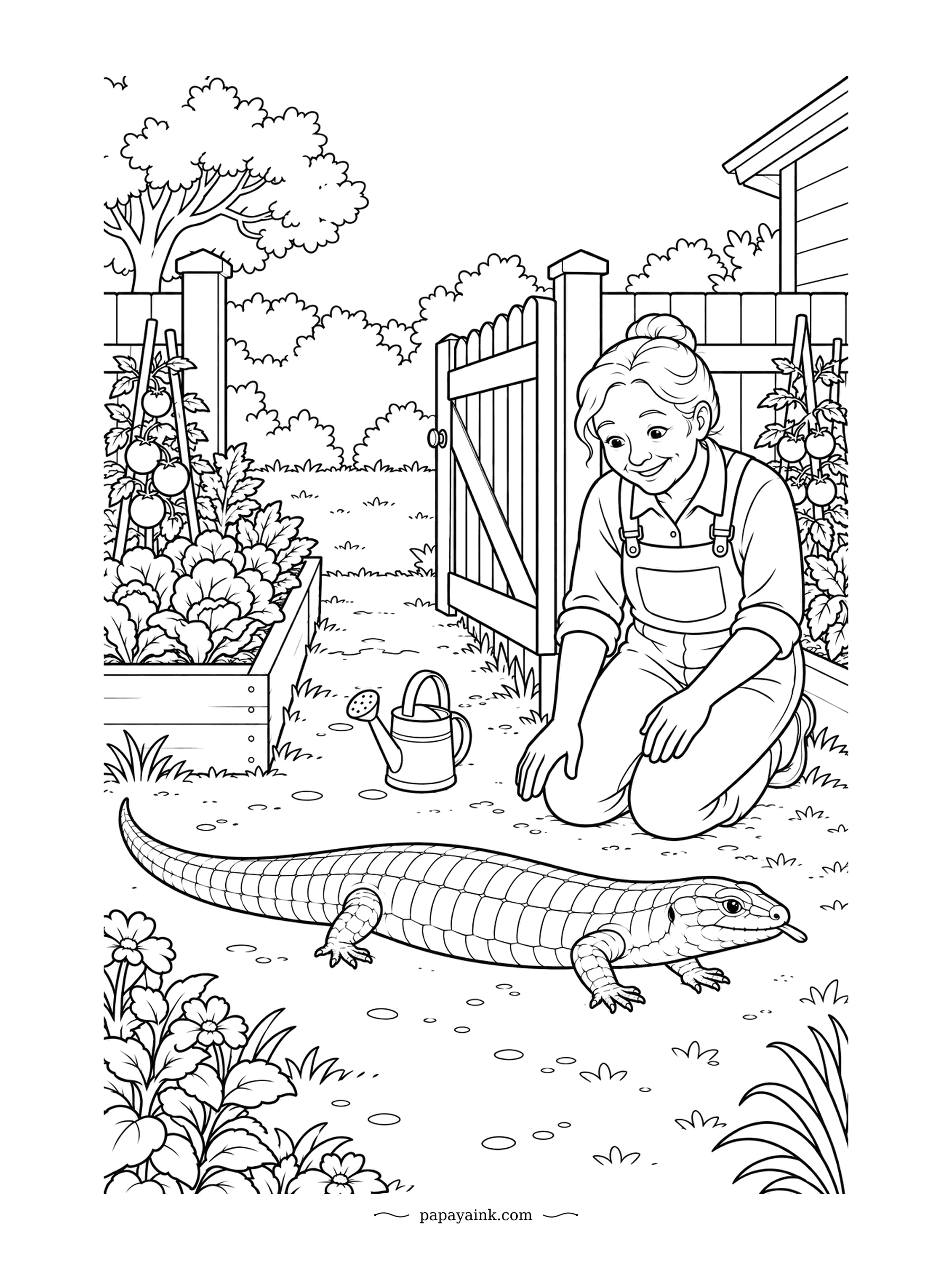 Lizard Coloring Pages - A big skink strolls in through the open gate, and the gardener kneels down to say hello. Plenty of vegetables, a watering can and climbing tomatoes around the beds. Detailed backyard scene.