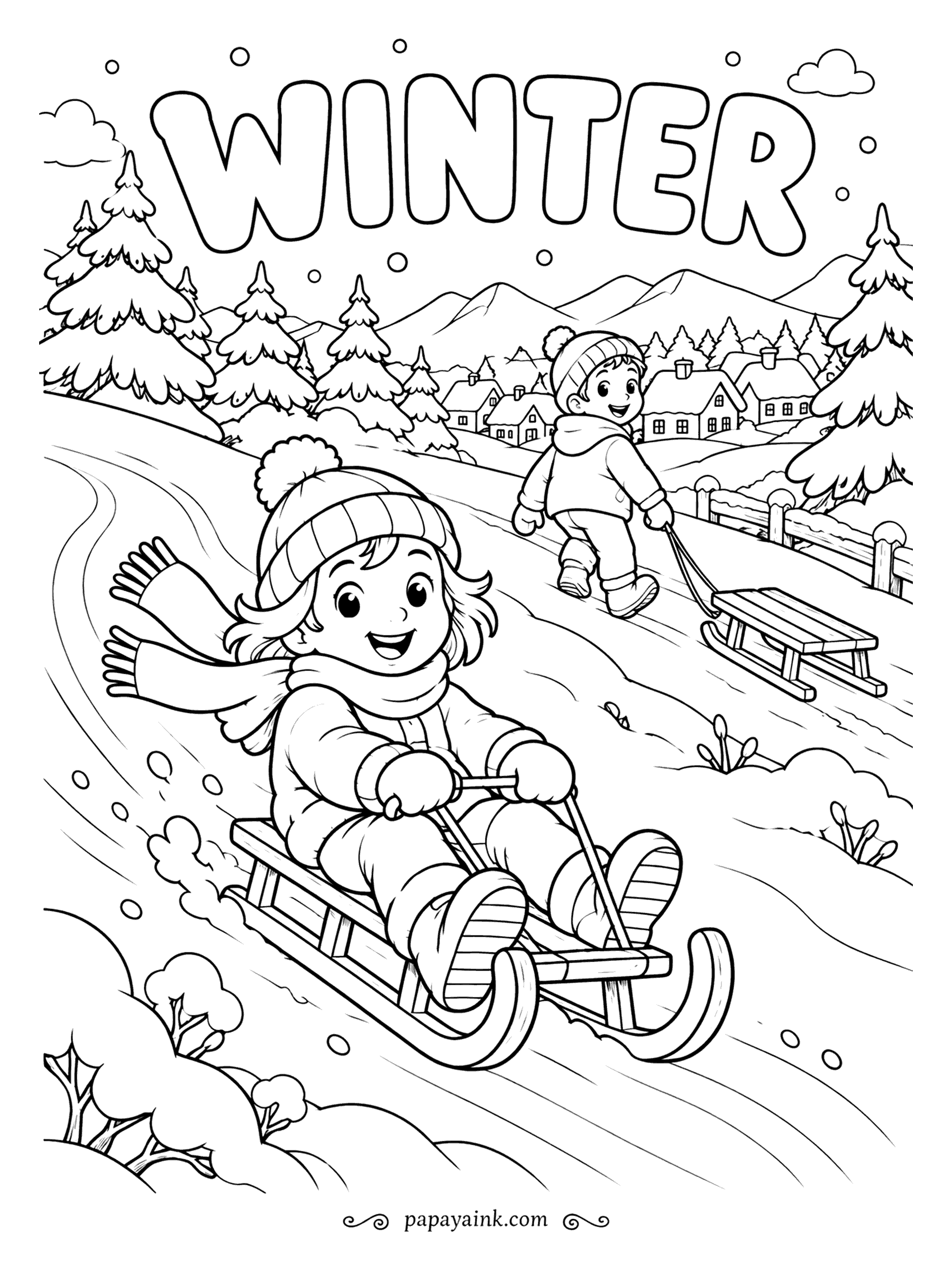 Free Printable Winter Coloring Pages - Feet forward, scarf flying, and a brother dragging his sled back up for another run. The word WINTER sits in fat outline letters across the sky, village and hills below it. Fill the letters in six colors or one, your call.