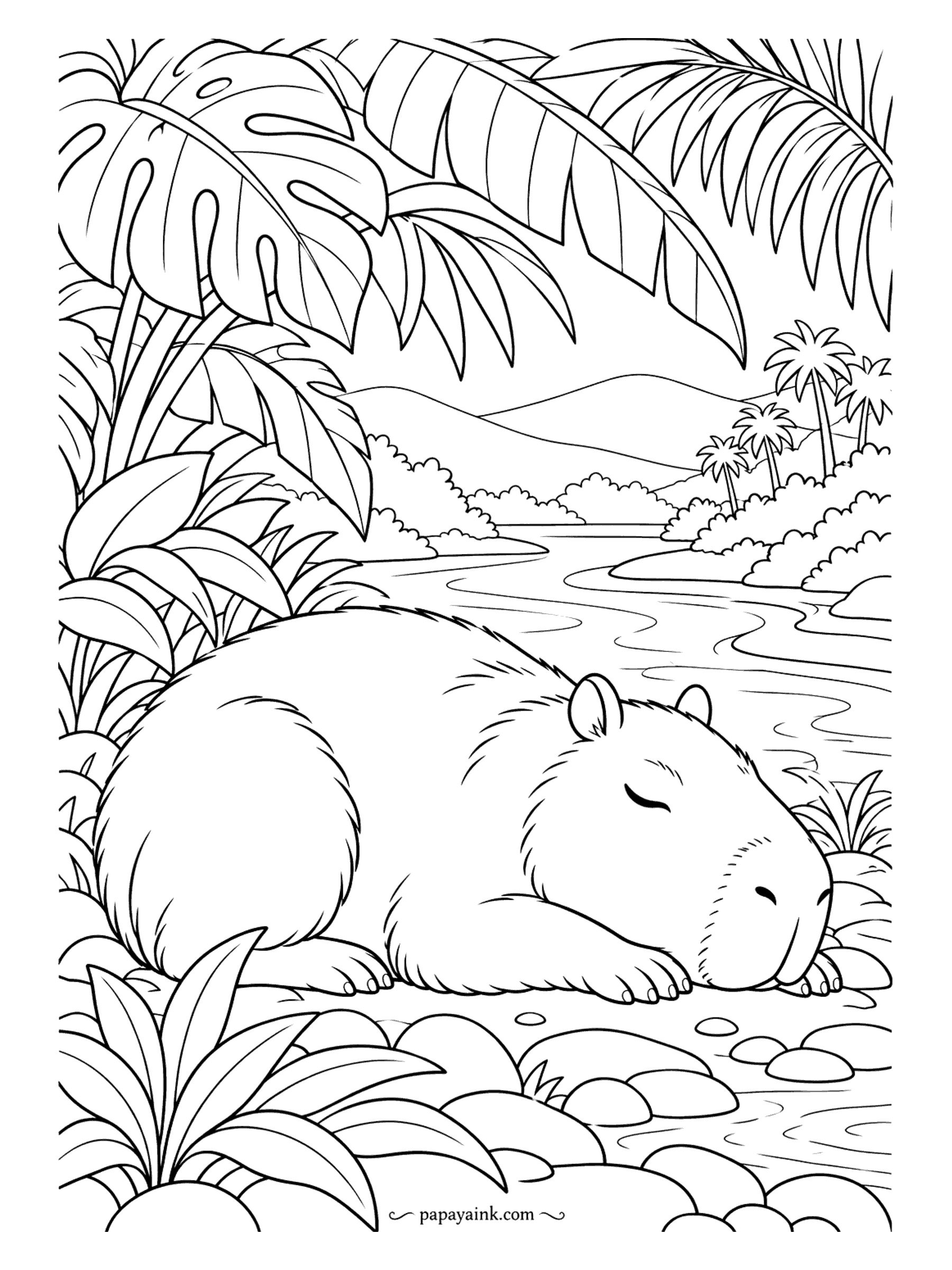Capybara Coloring Pages - Nap time by a jungle river. Capybaras doze off several times a day, often right at the water's edge, and this one has stretched out on warm pebbles under monstera and banana leaves. Detailed foliage, simple animal.