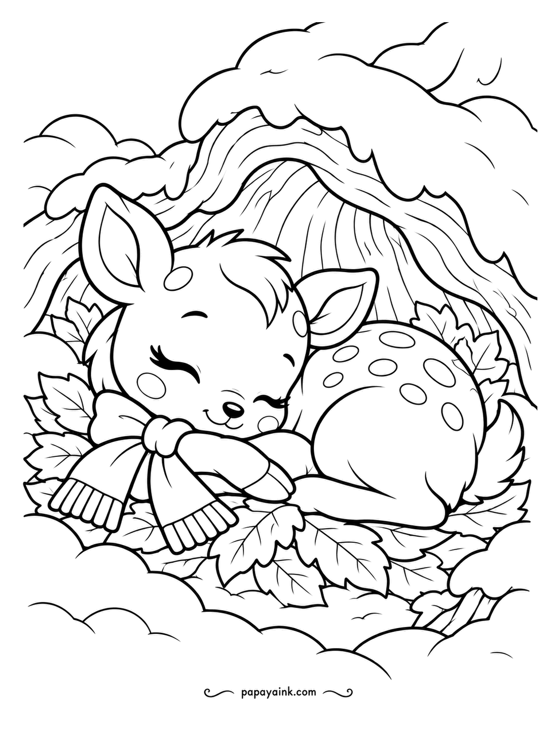 Cute Winter Coloring Pages - Asleep under a snowy log, the fawn has her scarf tied in a bow and a pillow of leaves. Spots on her back, snow on the bark. Soft browns for the fawn and a red scarf, everything else pale.