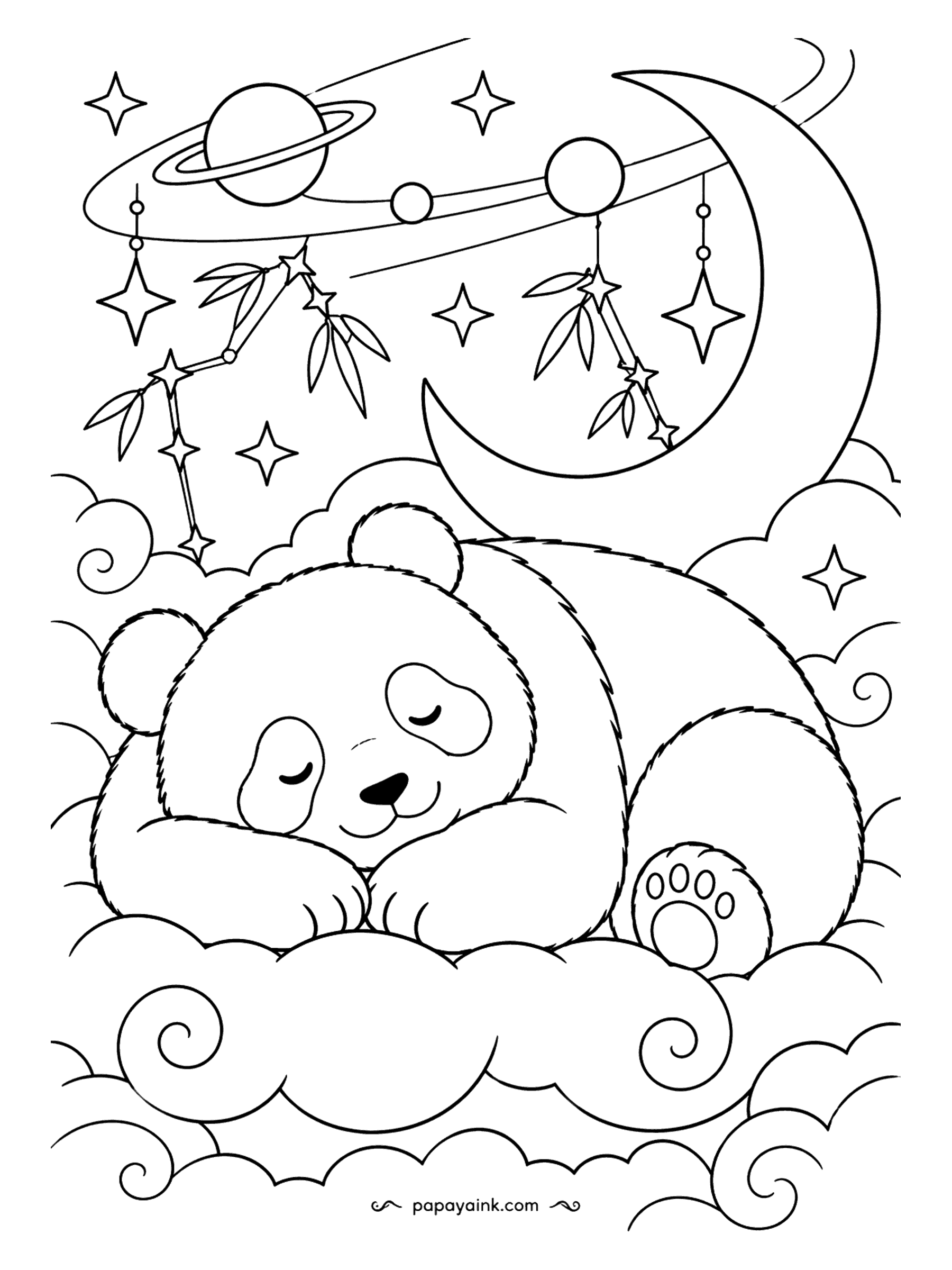 Panda Coloring Pages - Lights out: a panda curled up asleep on a cloud while planets, stars and a crescent moon hang above it like a mobile. A dark sky washed around the clouds makes the stars glow.