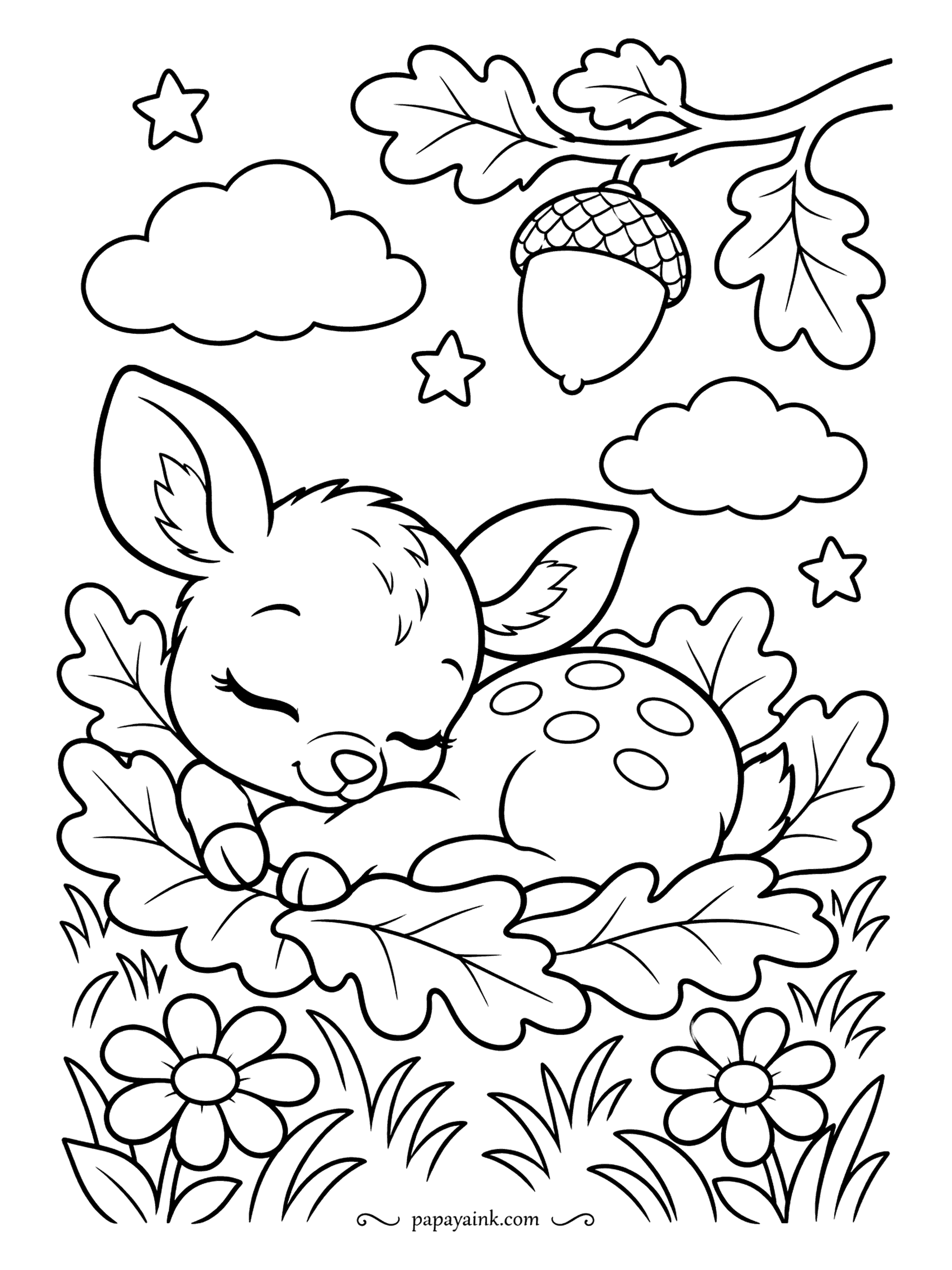 Deer Coloring Pages - Curled up on a bed of oak leaves, a spotted fawn sleeps under fat clouds, scattered stars and one very large acorn. Thick outlines and open areas - a quick page for small hands.