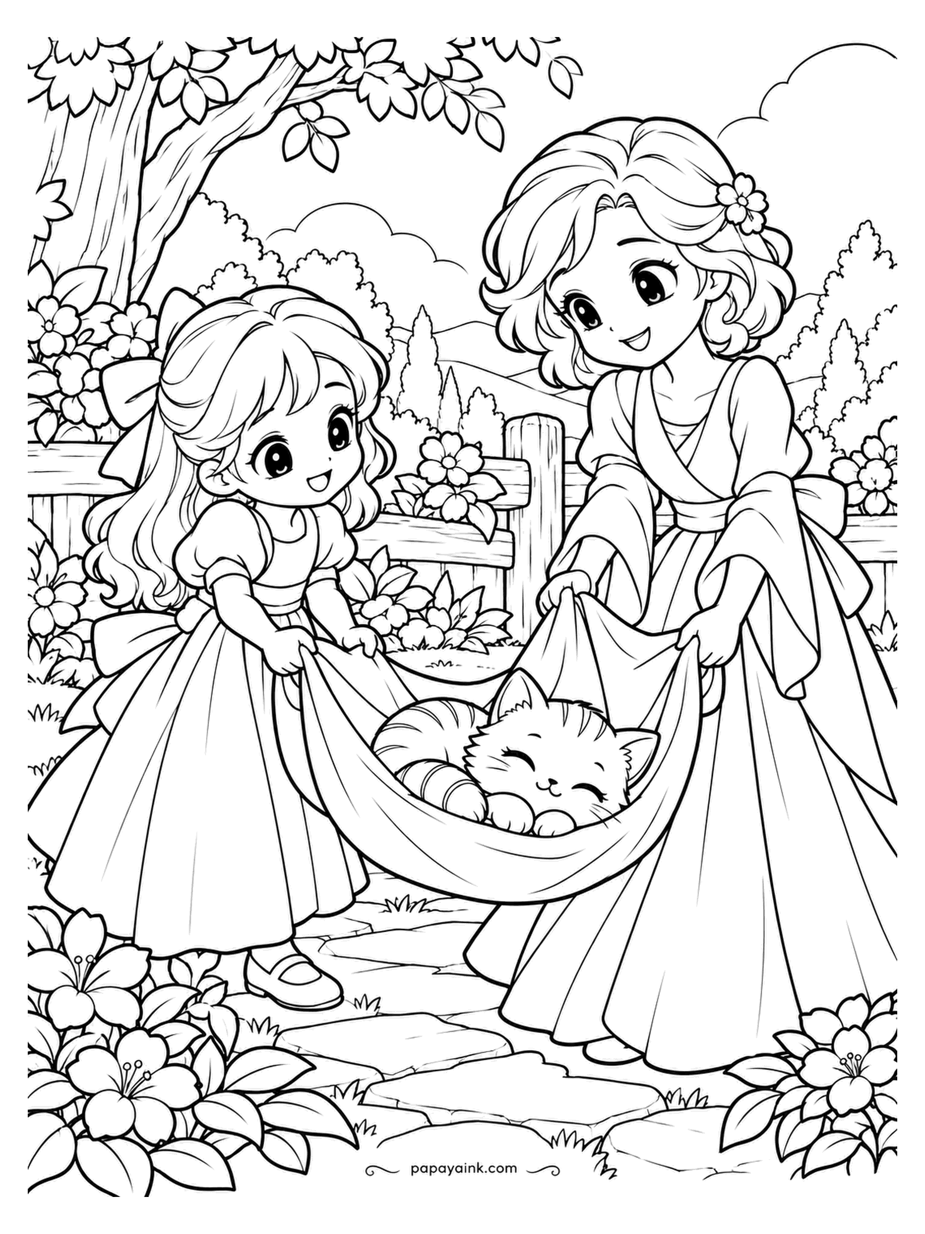 Kawaii Princess Coloring Pages - Kitten transport, by towel hammock. The princesses take a pair of corners apiece and walk slowly; the passenger has not opened an eye since the lawn. Big soft shapes and a sleeping face - go light on the lines inside the towel.