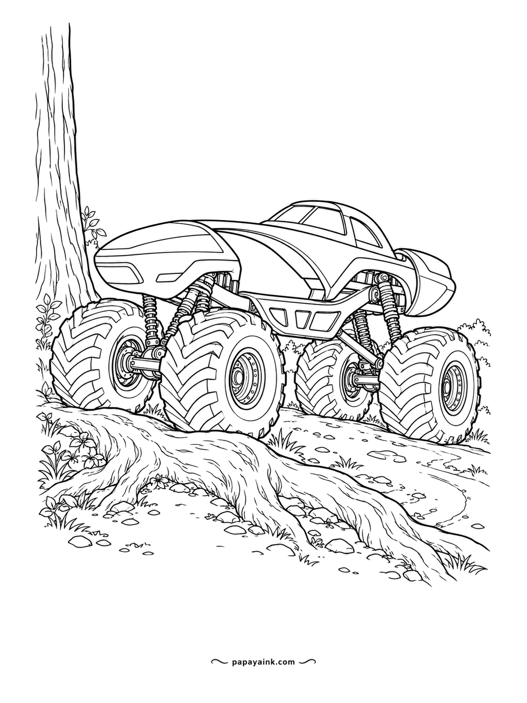 Monster Truck Coloring Pages - Big raised roots at the foot of an old tree, and an arch-bodied concept truck easing over them. Small flowers in the grass. Bark lines take a lot of brown; keep the truck bright for contrast.