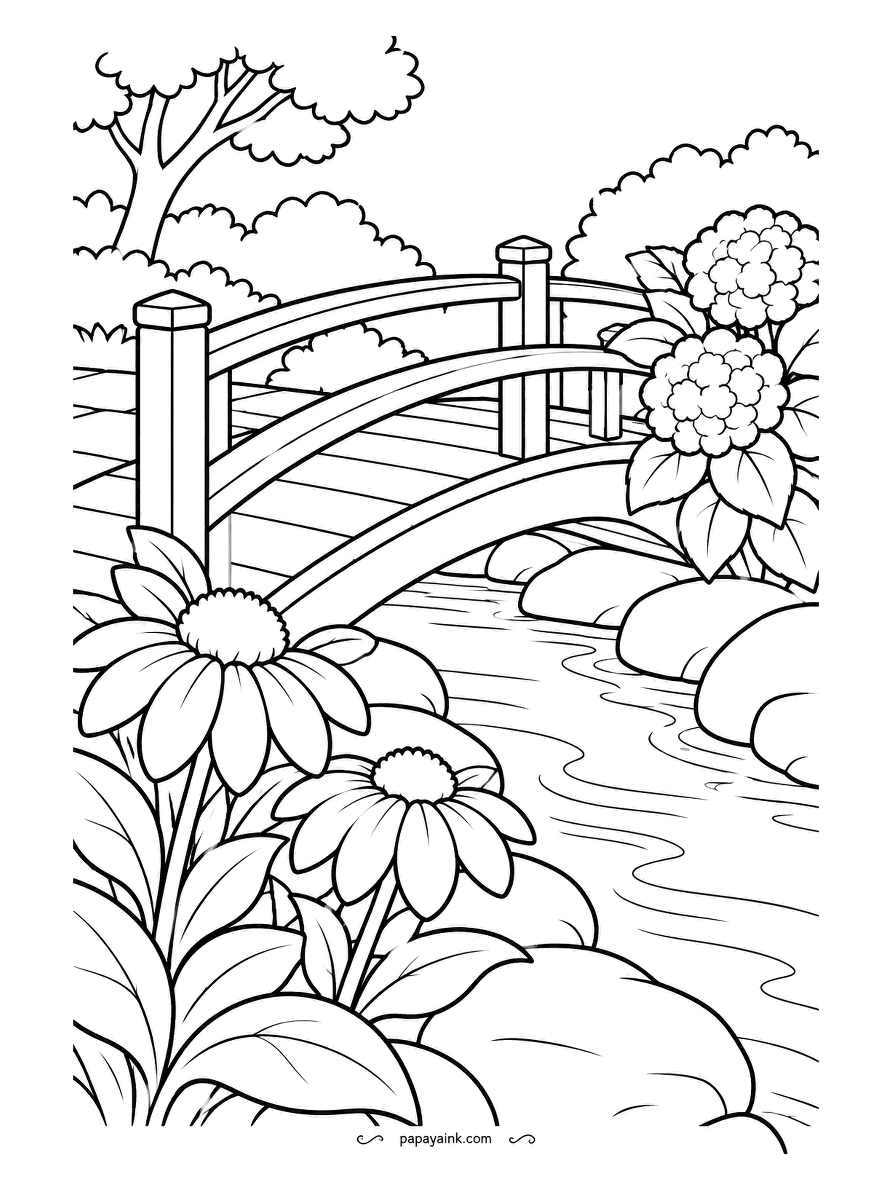Garden Coloring Pages - A short arched bridge with turned posts crosses a shallow stream edged with smooth stones, while coneflowers and a hydrangea crowd the near bank. Weathered wood in gray-brown and clear water in two blues is all this scene needs.
