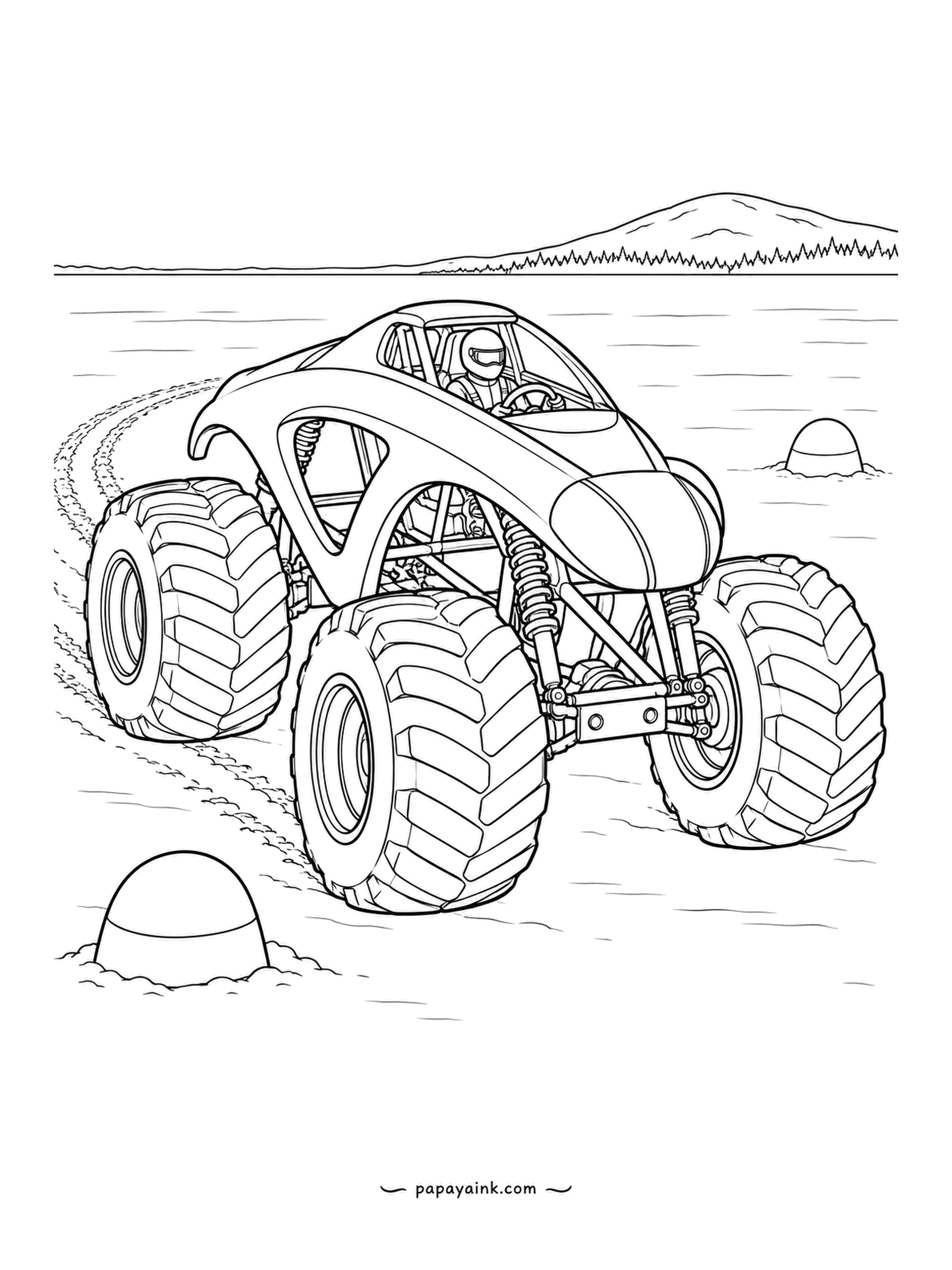 Monster Truck Coloring Pages - An arch-shaped body with no visible seams, sliding a slalom between snow mounds on a frozen lake. Tire tracks curve away toward the far shore. Leave the ice white and give the sky a cold blue.