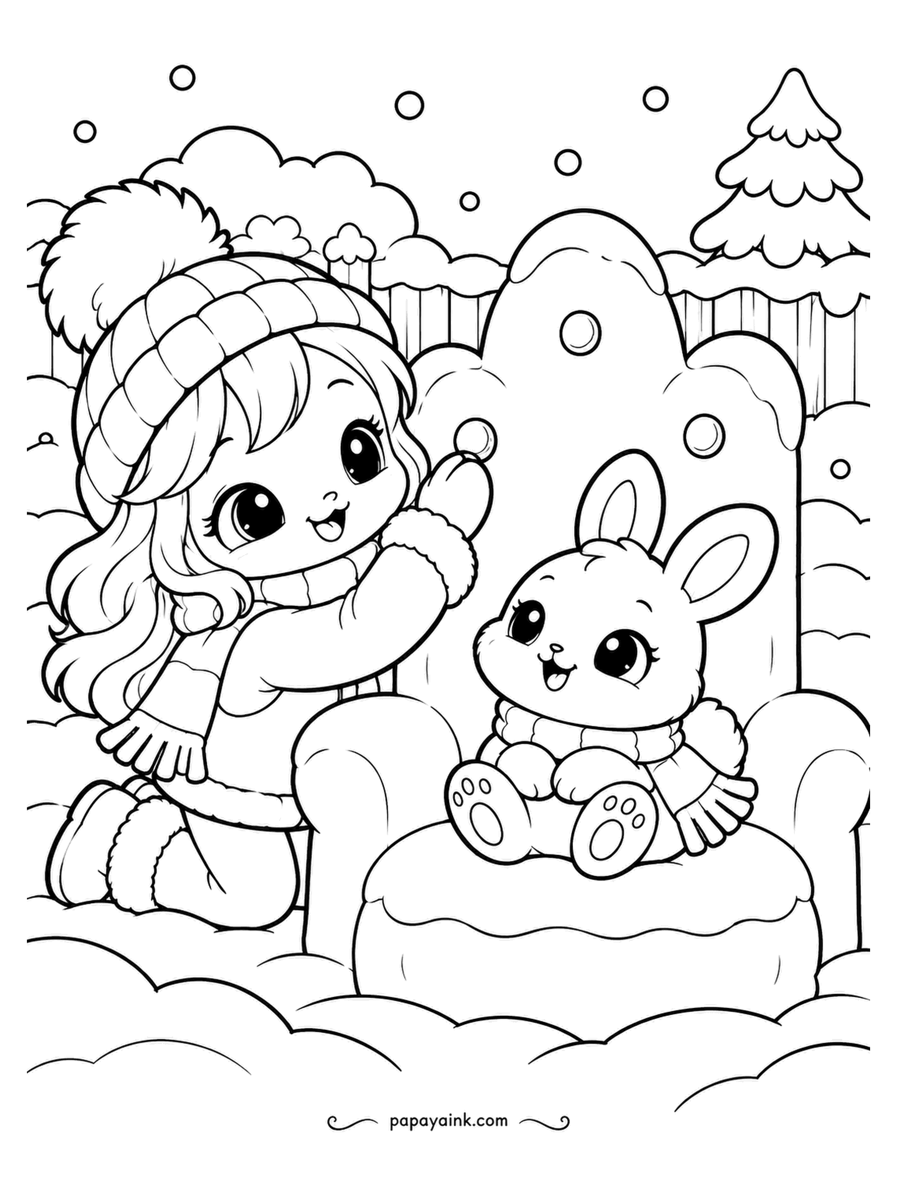 Kawaii Winter Coloring Pages - The snow chair has a crown-shaped back, so the bunny on it is royalty for the afternoon. The girl kneels to adjust the seat. The crown stays white; the bunny's scarf can be the one bold color.