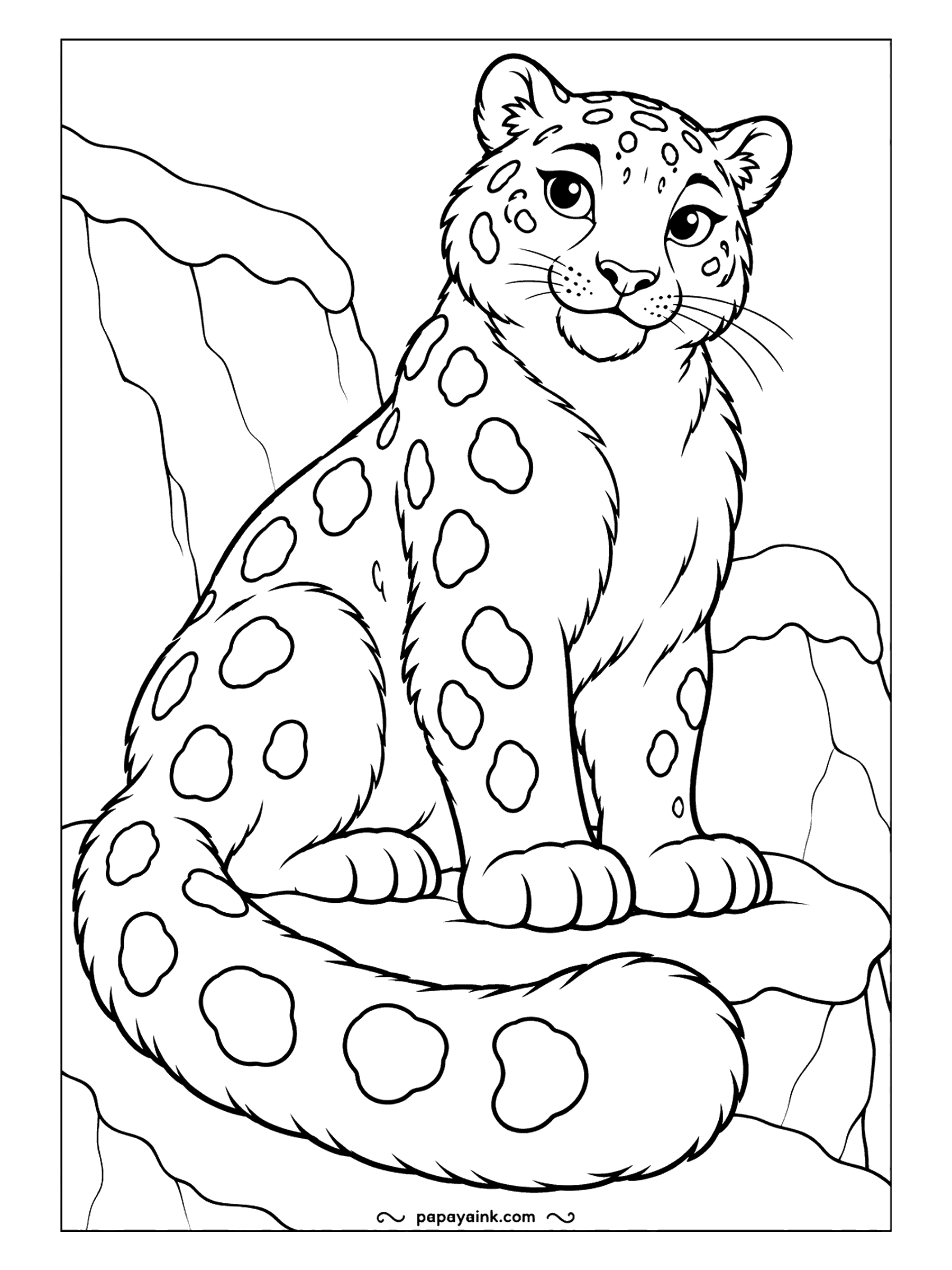 Free Printable Winter Coloring Pages - Sitting on a ledge with its long tail curled around the rock, a snow leopard shows off rosettes across the whole coat. Ice and stone rise behind it. Pale gray fur with the rosettes left open, or filled in soft charcoal.