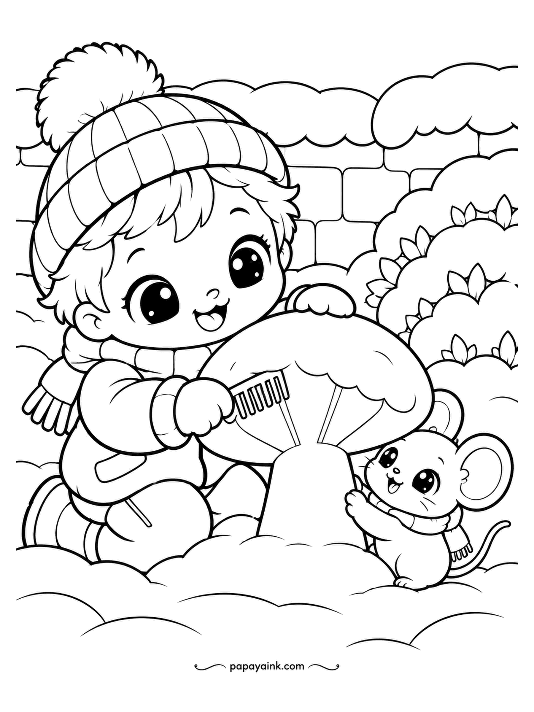 Kawaii Winter Coloring Pages - A snow mushroom needs gills, so the boy combs them in with a hair comb while the mouse holds the stem steady. Serious work, done with a straight face. Leave the cap white and draw the underside in gray lines.
