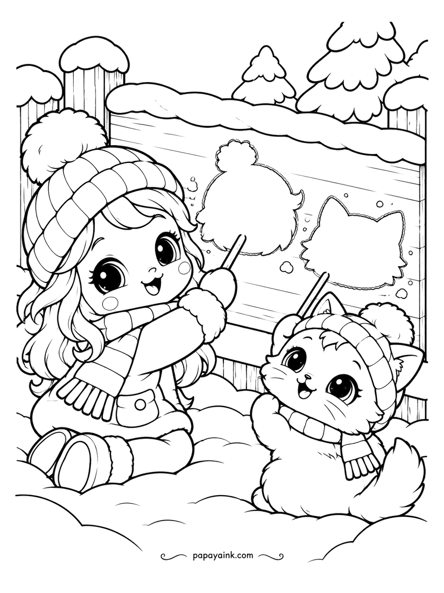 Kawaii Winter Coloring Pages - Portraits in the frost. The girl traces a bunny outline on the frozen board with a stick, and the kitten traces a cat, badly, with great confidence. Try a frosty tint on the board so the drawings show.