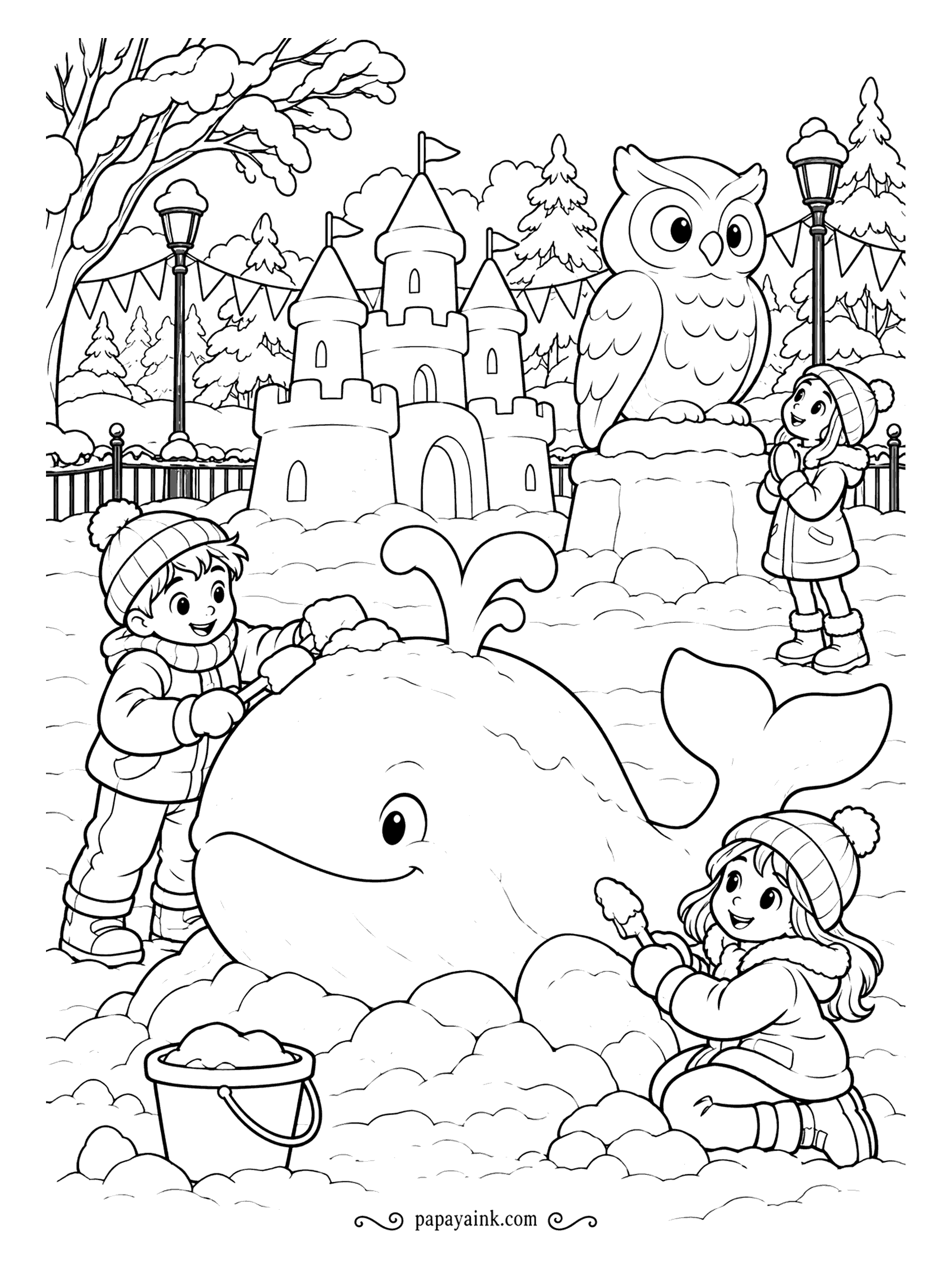 Free Printable Winter Coloring Pages - A snow castle, a snow owl and a snow whale that spouts, with a crew of three still packing and patting. Bunting hangs between the lampposts, so this is officially a contest. Sculptures stay white; put the color into the coats and the flags.