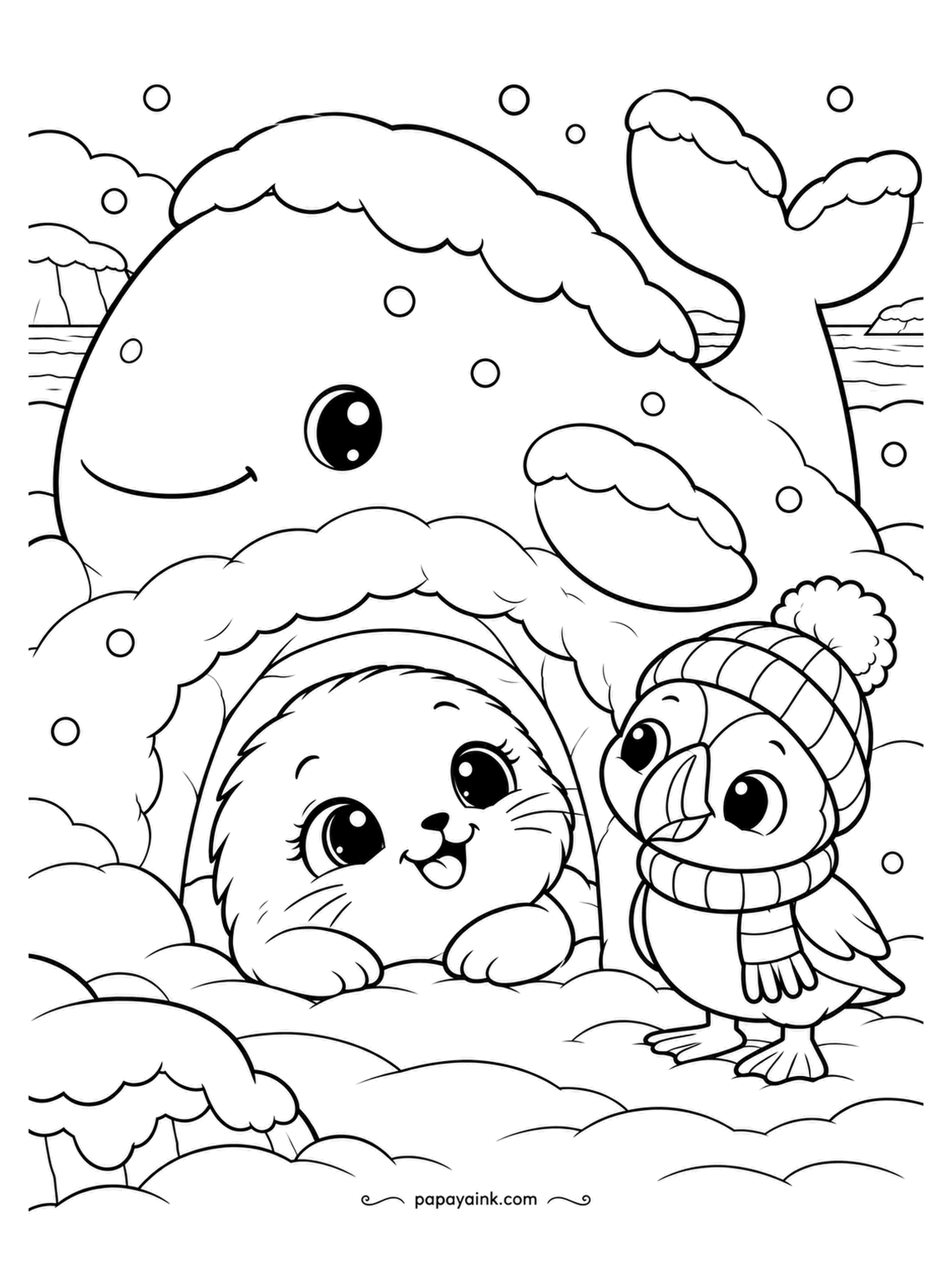 Kawaii Winter Coloring Pages - Whale, made of snow, with a tunnel where the mouth should be. The seal pup inside is not coming out, and the puffin in the hat is fine with that. Darken the back of the tunnel for depth. Detailed.