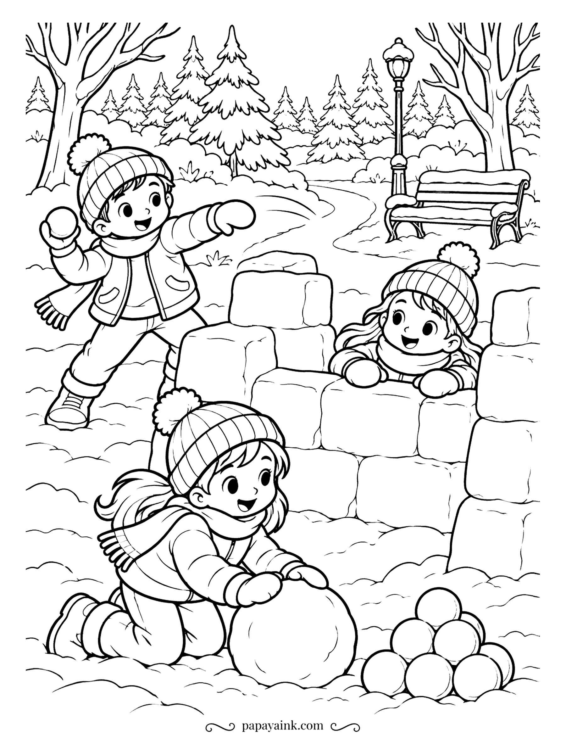 Free Printable Winter Coloring Pages - One throws, one ducks under the fort wall, one is still rolling ammunition. A park bench and a lamppost stand out of range, and a neat pyramid of snowballs waits by the wall. The fort blocks are an easy place to practice shading.