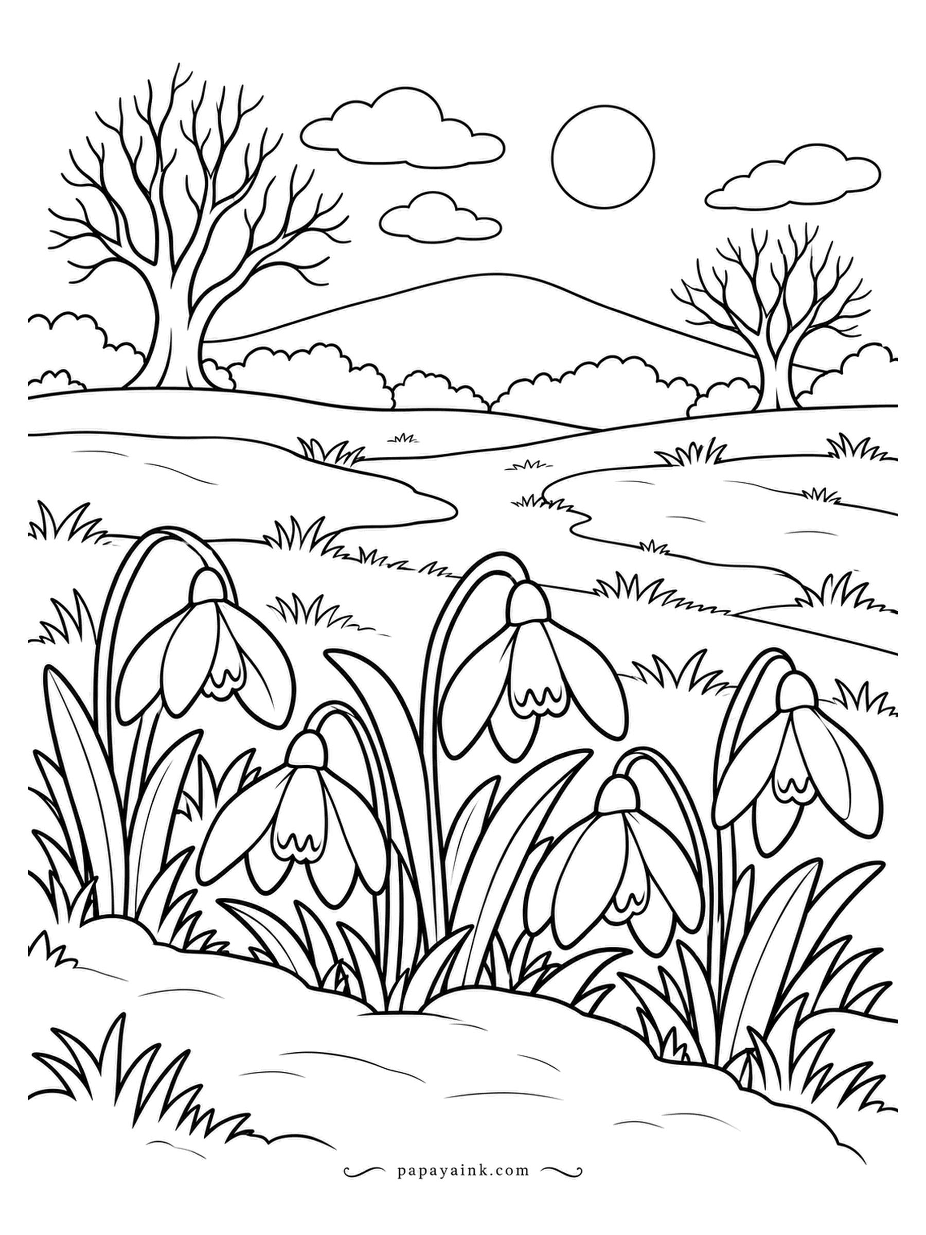 Nature Coloring Pages - Snowdrops are the first flowers to push through in late winter, which is why they hang their heads: it is cold up there. Bare trees and soft hills behind. White petals with a tiny green mark on each inner one, as the real flower has.