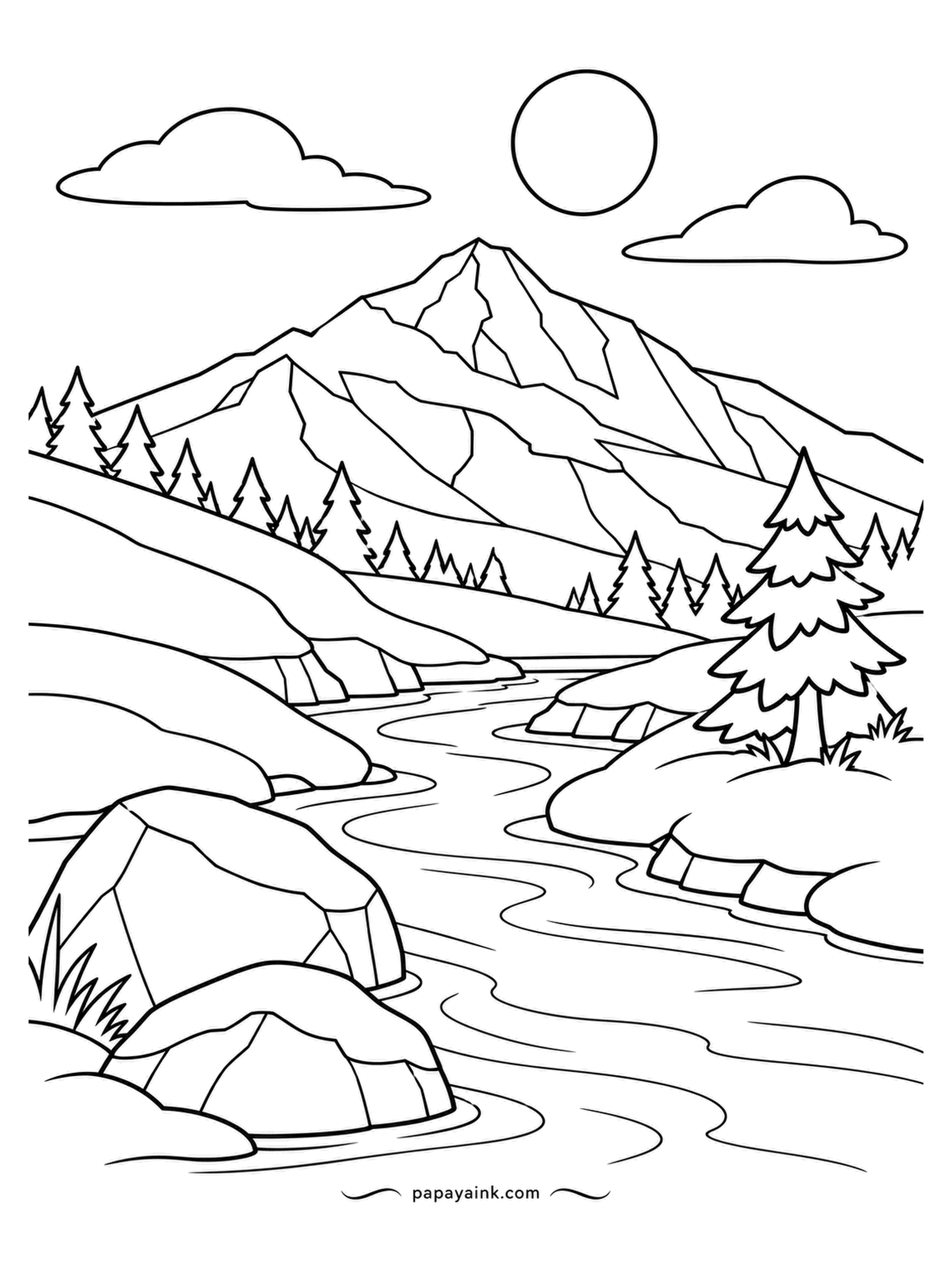 Nature Coloring Pages - Early summer in the high country: the peak still holds snow, the current runs fast and milky with it, and a single spruce stands guard on the near bank. Boulders, firs and open sky. Glacier melt is pale turquoise, never plain blue.