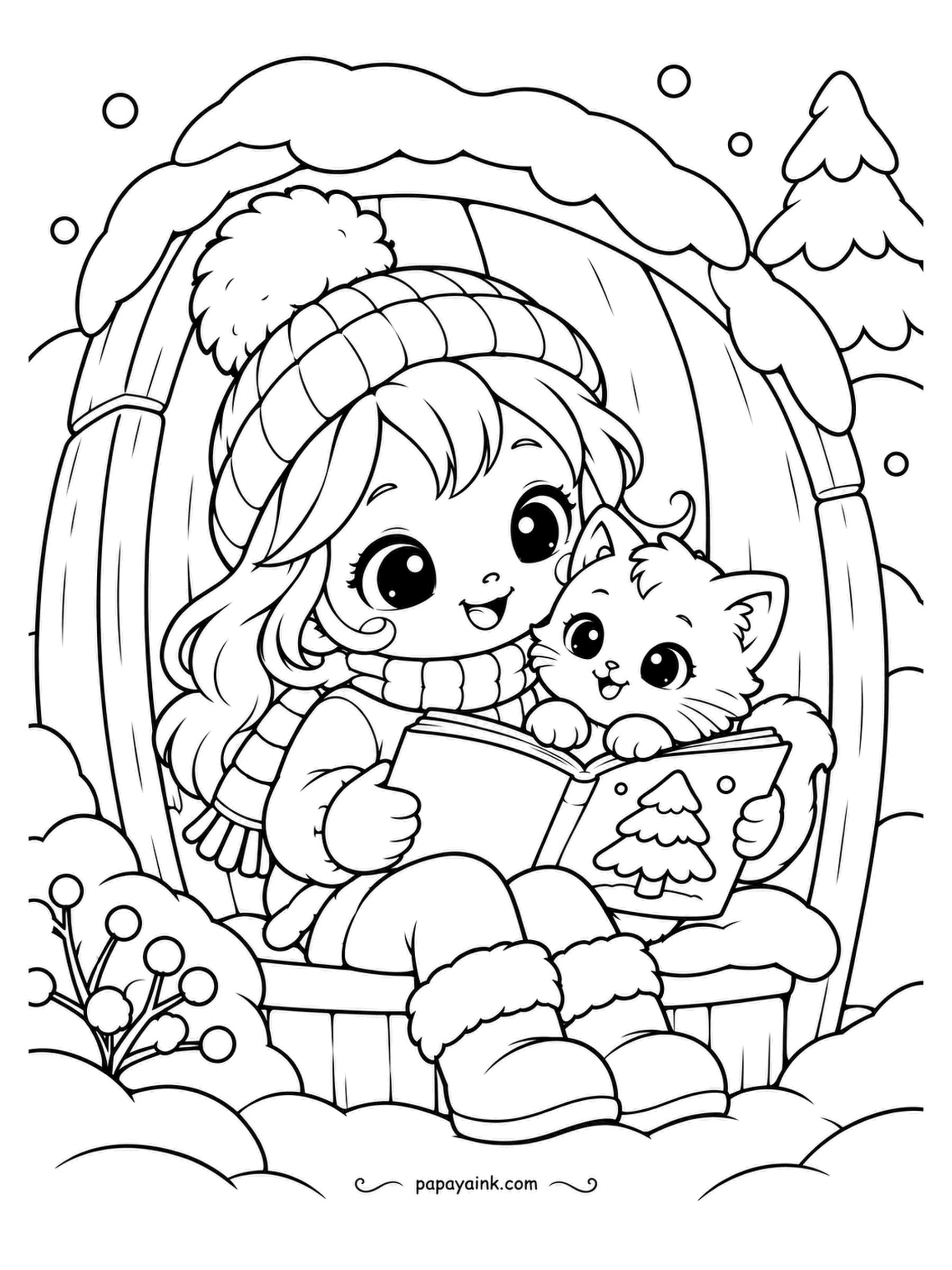 Kawaii Winter Coloring Pages - A barrel turned on its side makes a reading nook, and a girl and a kitten have taken it over with one picture book. The snow on top is the roof. Warm browns on the barrel staves, and the book cover in your favorite color.