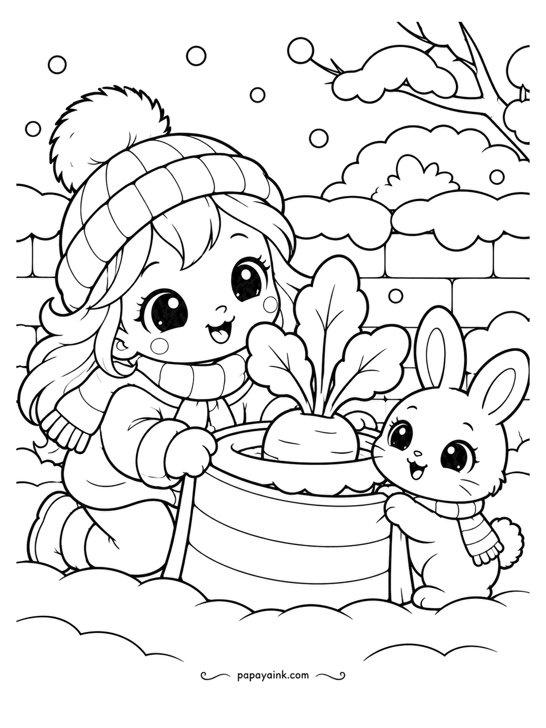 Kawaii Winter Coloring Pages - Tucked into a tub of snow for the winter, the carrot has its leaves folded back like a blanket. The girl and the bunny have different plans for it, and only one of those plans involves waiting. Orange carrot, green leaves; the rest is yours.