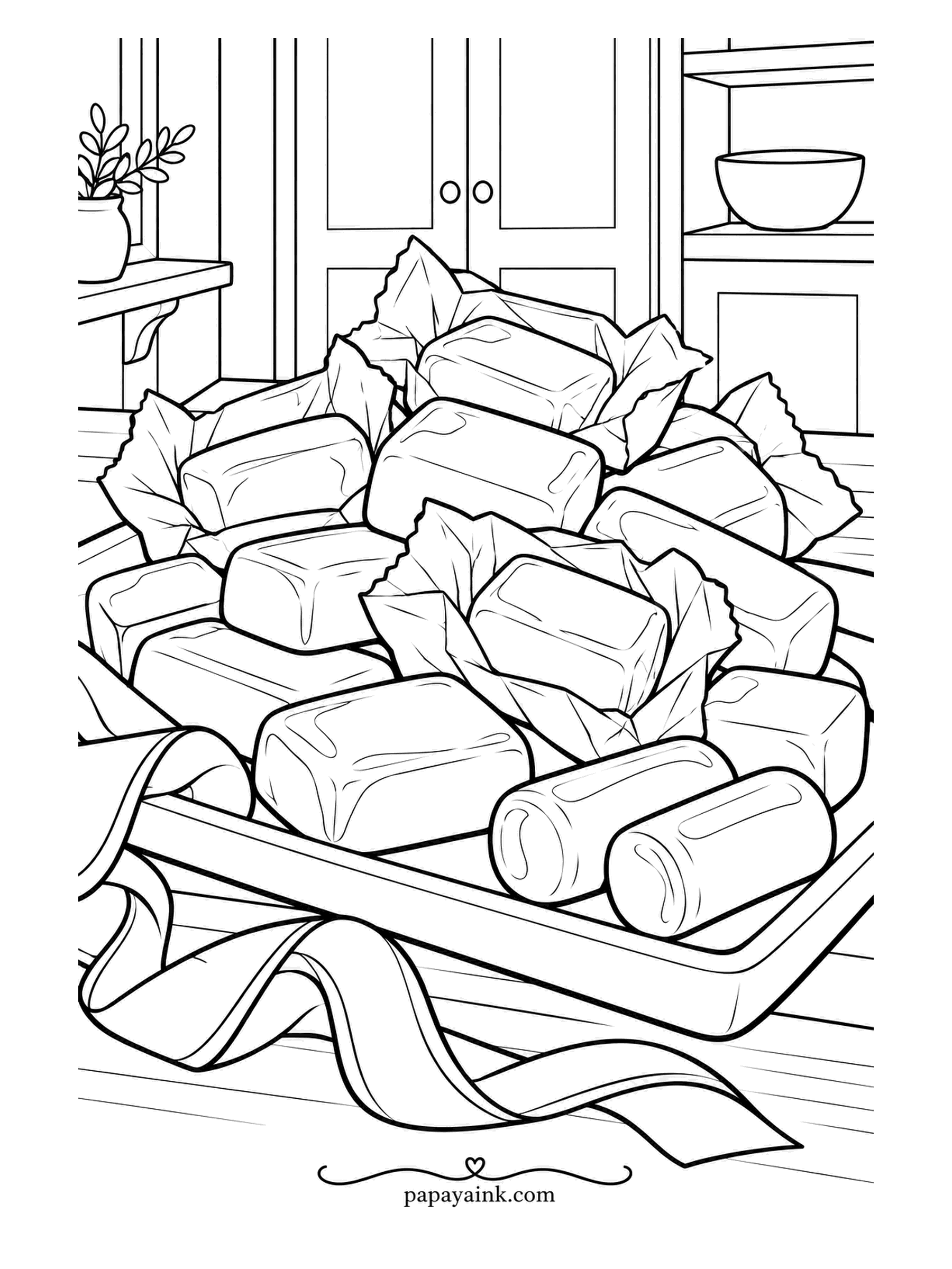 Candy Coloring Pages - Soft chews piled on a pantry tray, most still in their crimped wrappers, some unwrapped and stacked like tiny bricks. A loose tie loops under it; a small plant on the shelf keeps watch. Detailed - caramel tones for the chews, bright for the wrapping.