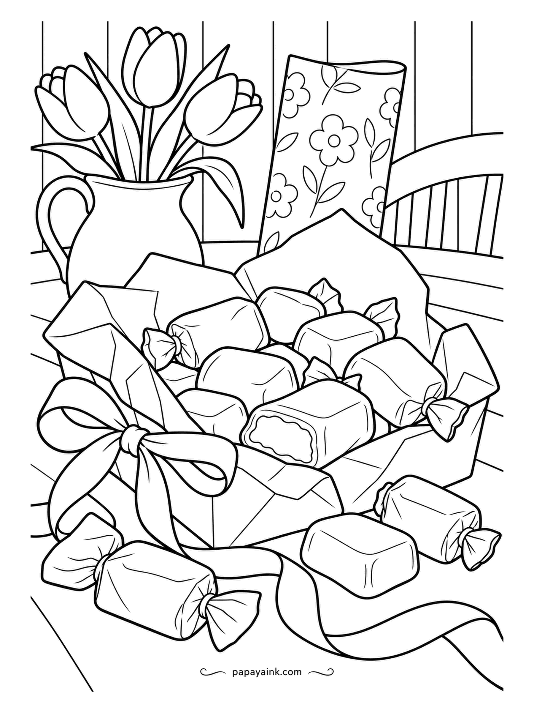 Candy Coloring Pages - Gift-wrapping day: soft chews piled in a carton lined with gift wrap, a roll of floral paper and tulips in a jug off to the left. A few wrapped and unwrapped ones lie by the knot. Spring pastels for the wrap, toffee for the chews.