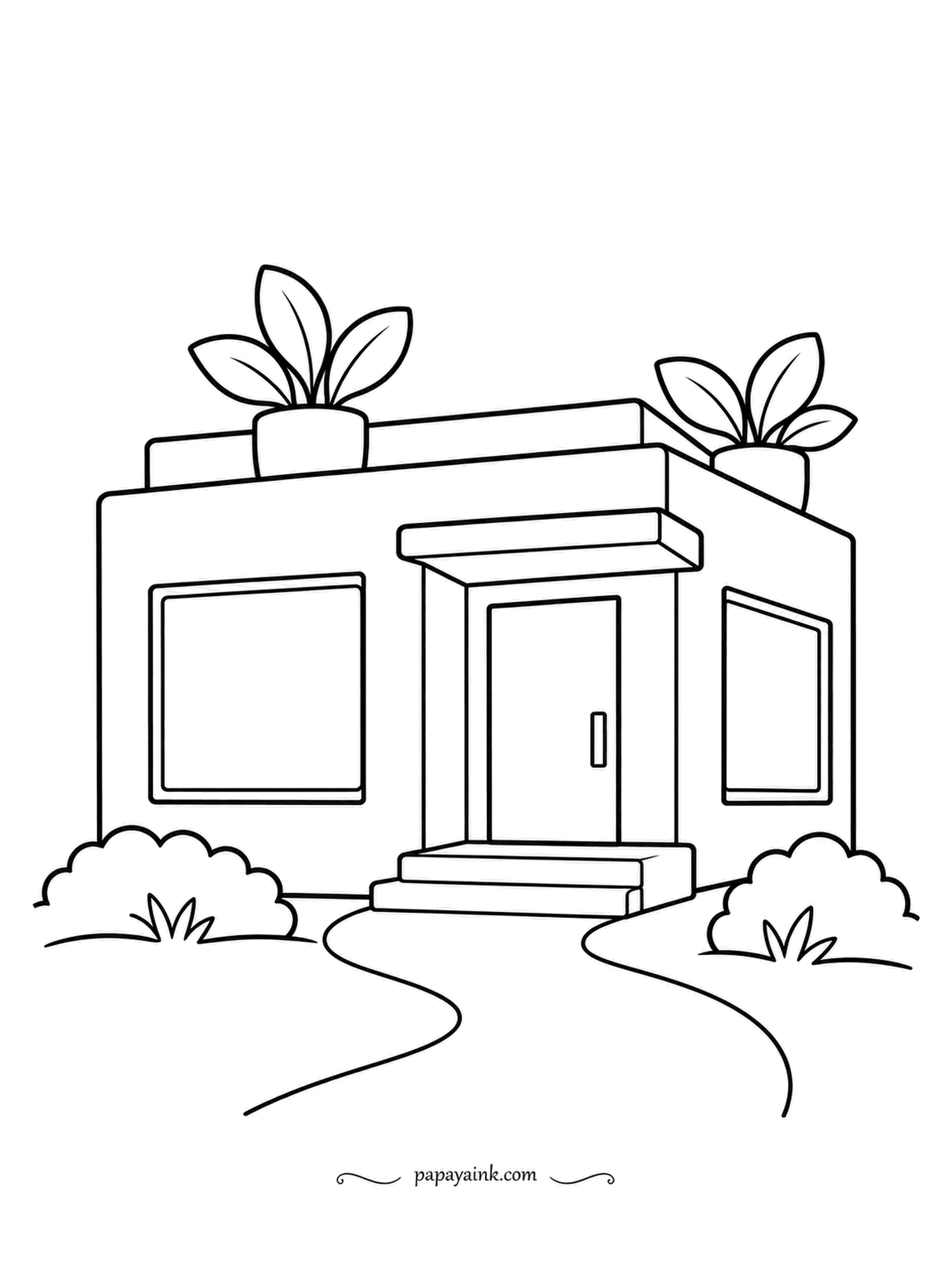 House Coloring Pages - A box of a house with a flat roof, two planters on top, a sheltered front door and a few round bushes - nothing more. The simplest sheet here, ready for crayons or a child who has just learned to stay inside the lines.