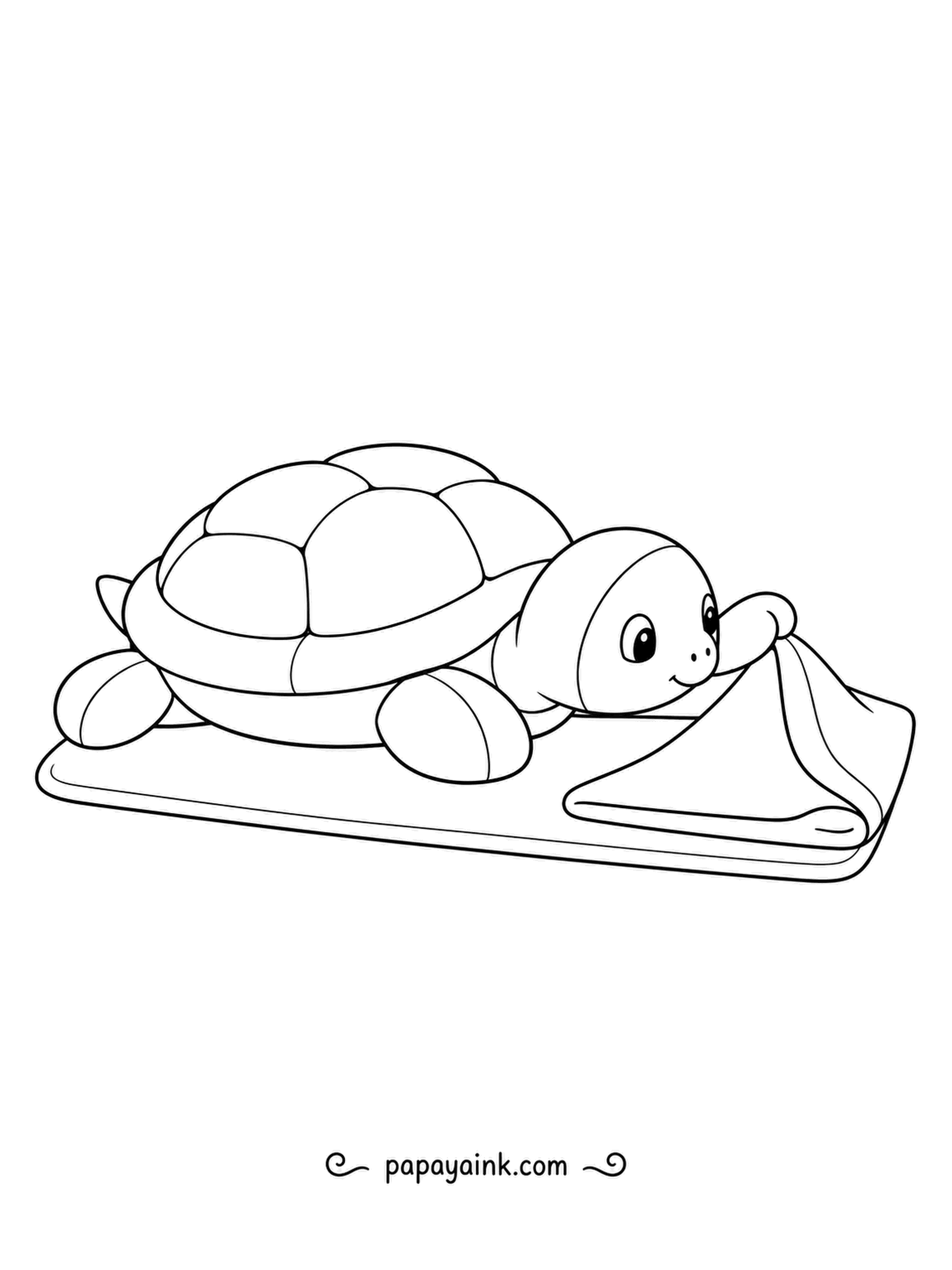 Turtle Coloring Pages - Lifting the corner of a little blanket, a plush turtle peeks underneath to see what is hiding there. Soft shapes and a sweet smile make this a cozy page for little ones.