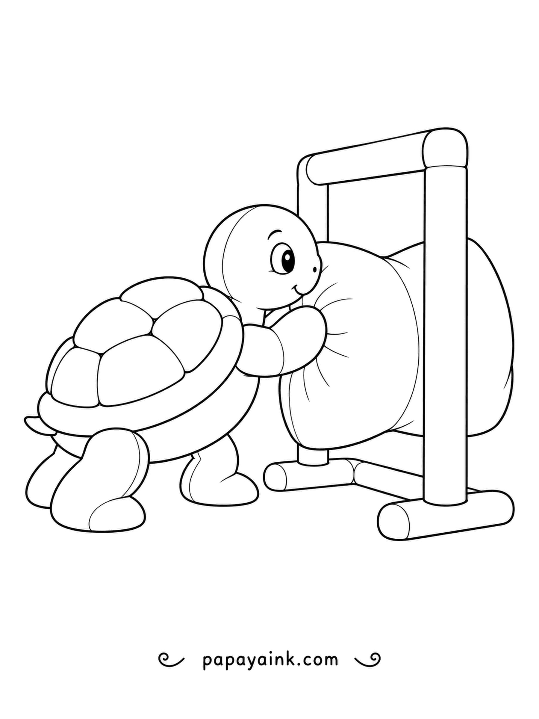 Turtle Coloring Pages - Shoving a fat pillow through an open frame, a plush turtle leans in with all its might. Stitched seams on its head and shell turn this into a cozy, toy-box style page.