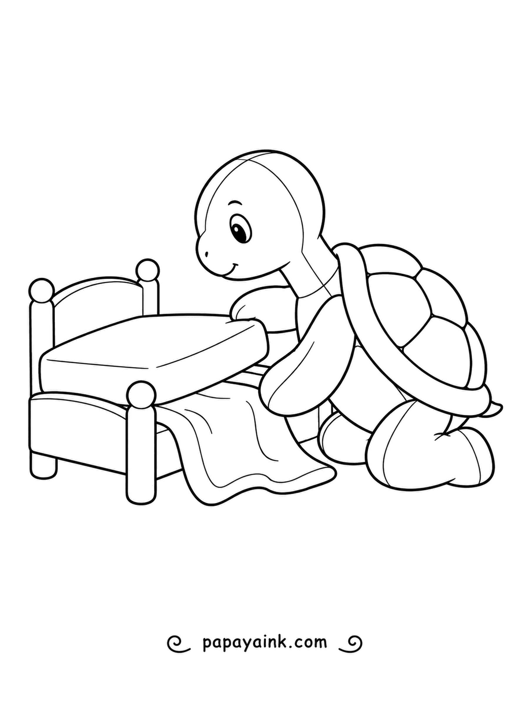 Turtle Coloring Pages - Kneeling beside a tiny wooden bed, a stitched toy turtle smooths the mattress and tucks the blanket in. It is a cozy bedtime scene that suits a quiet afternoon of coloring.