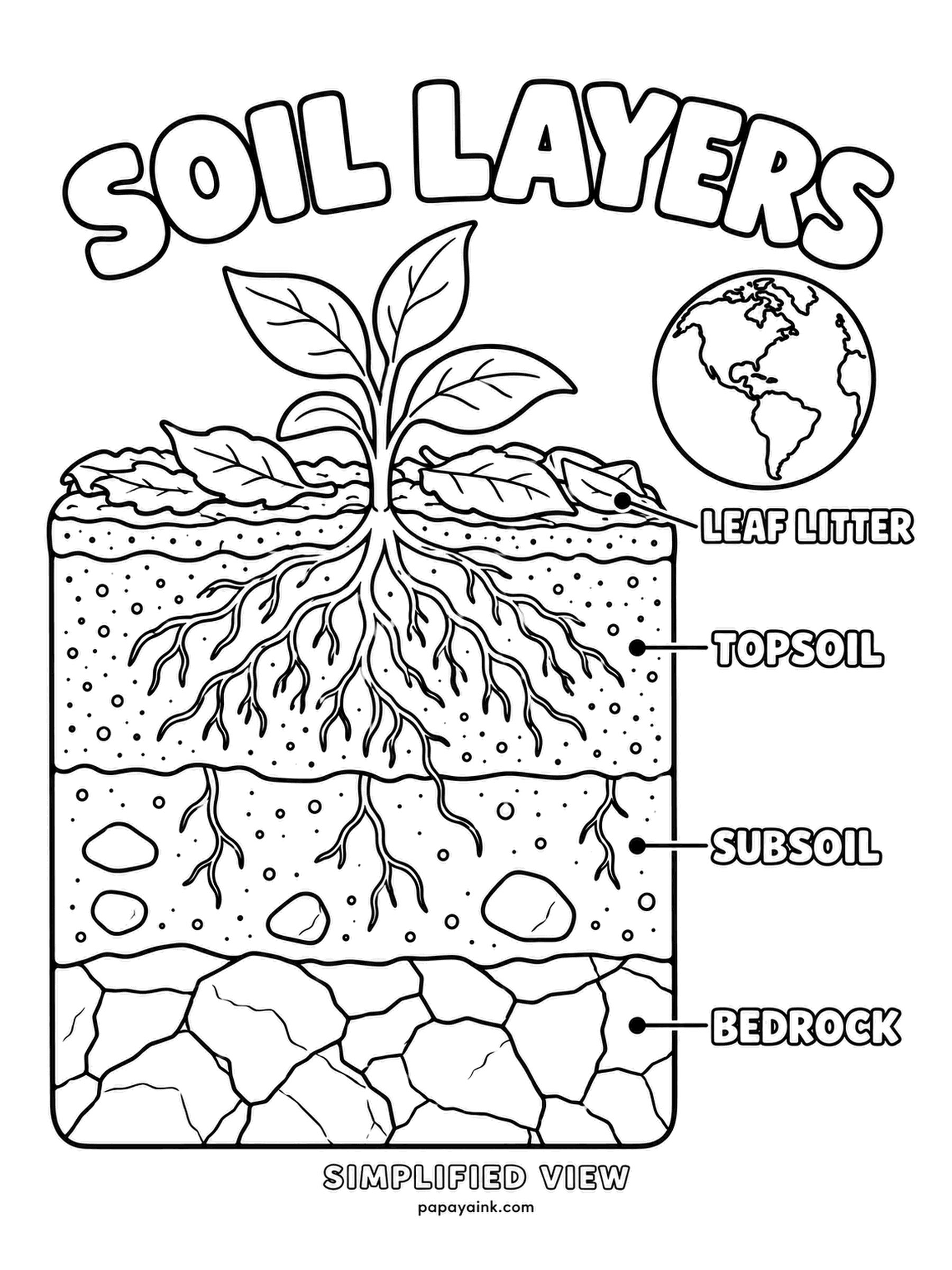 Earth Coloring Pages - Leaf litter, topsoil, subsoil, bedrock - a plant's roots reach down through the first three while the rock waits underneath. Topsoil is the dark, crumbly layer where most of the life is. Go darkest at the top and lighten each band on the way down.