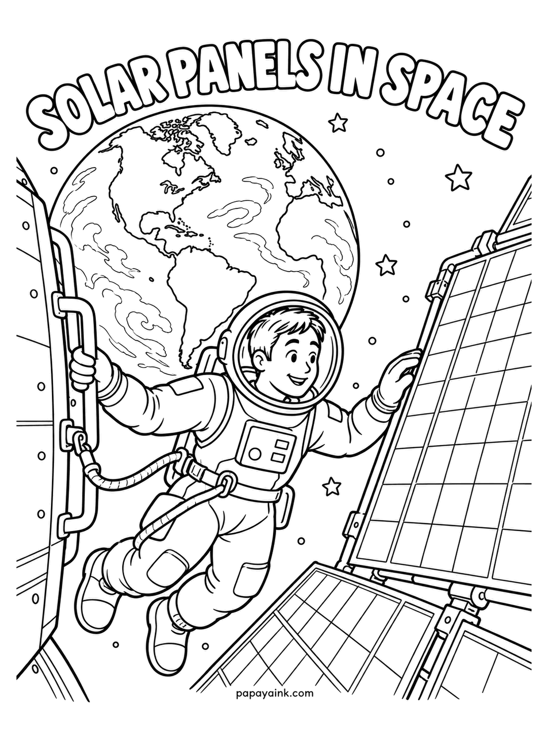Earth Coloring Pages - Tethered beside the big solar panels that power the station, an astronaut checks the array with Earth glowing behind the helmet. Sunlight is the only fuel the station needs. The panels are the fun part - a deep blue grid with gold lines.