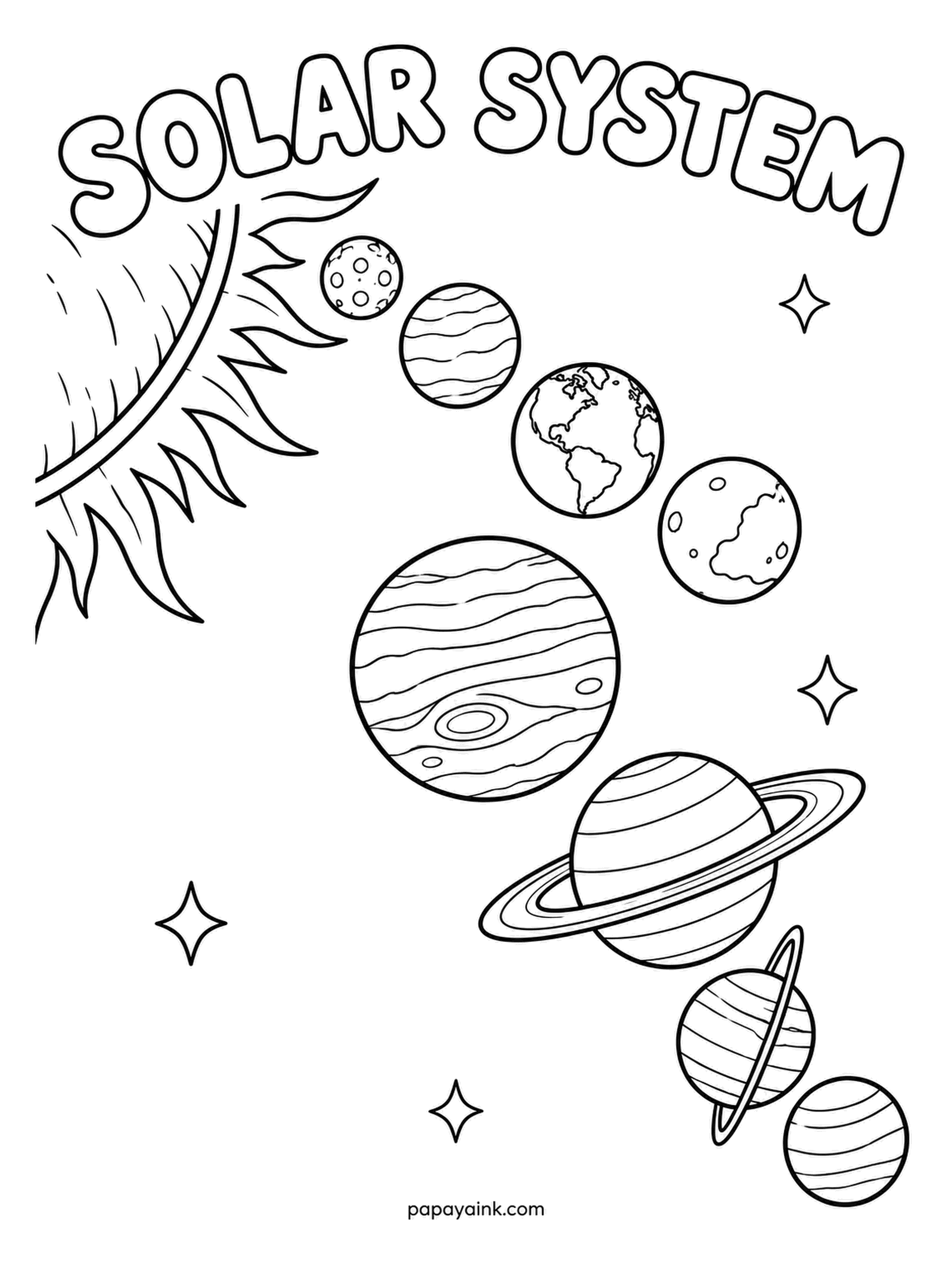 Planet Coloring Pages - The solar system in a single sweep: the Sun blazing in the corner and all eight planets strung out in order, from tiny Mercury to distant Neptune. Each world gets its own color, so this is the one that empties the whole pencil box. Detailed.