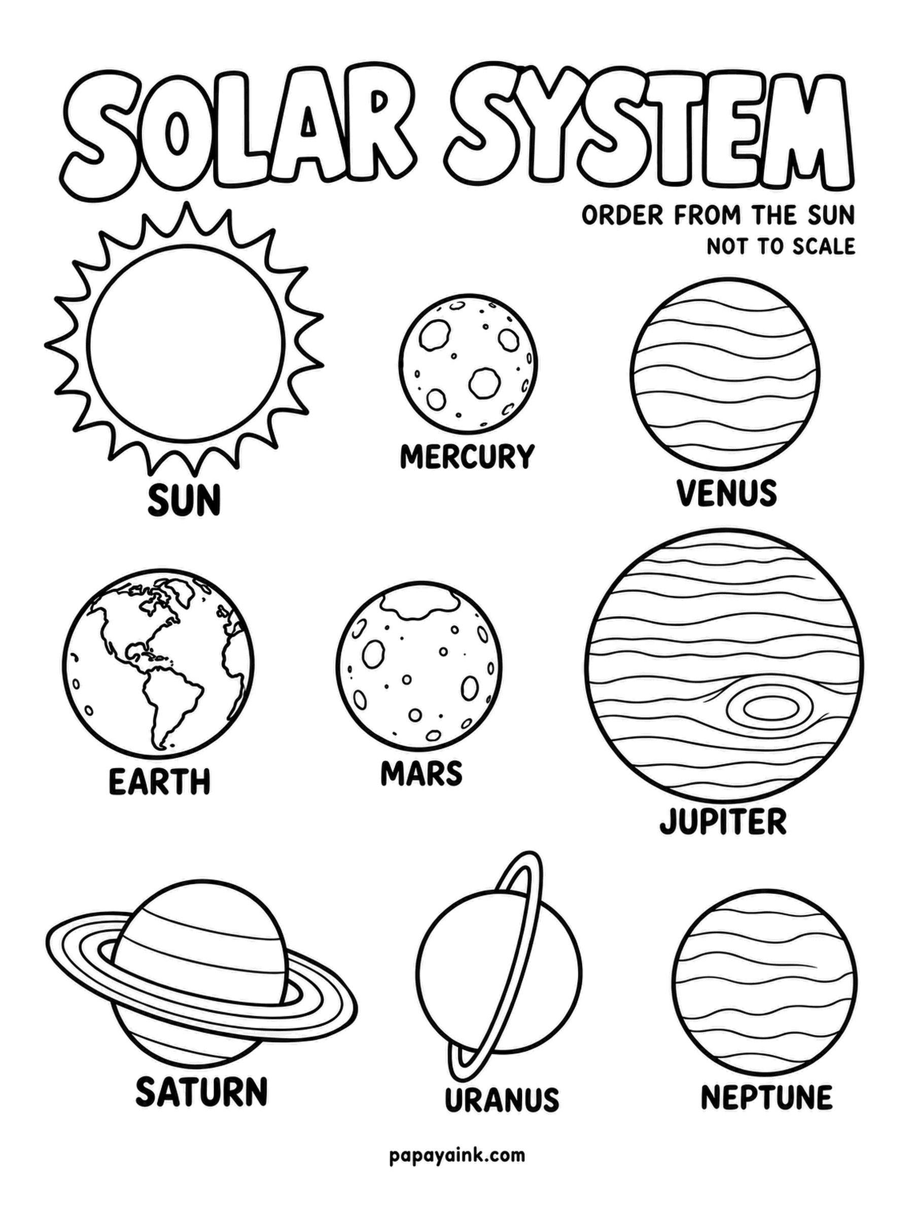 Planet Coloring Pages - Order from the Sun, poster style: the Sun and the eight planets as big, roomy circles laid out in rows, names in bold capitals beneath. The letters are meant to be colored too, so try one shade for the names and another for the worlds.