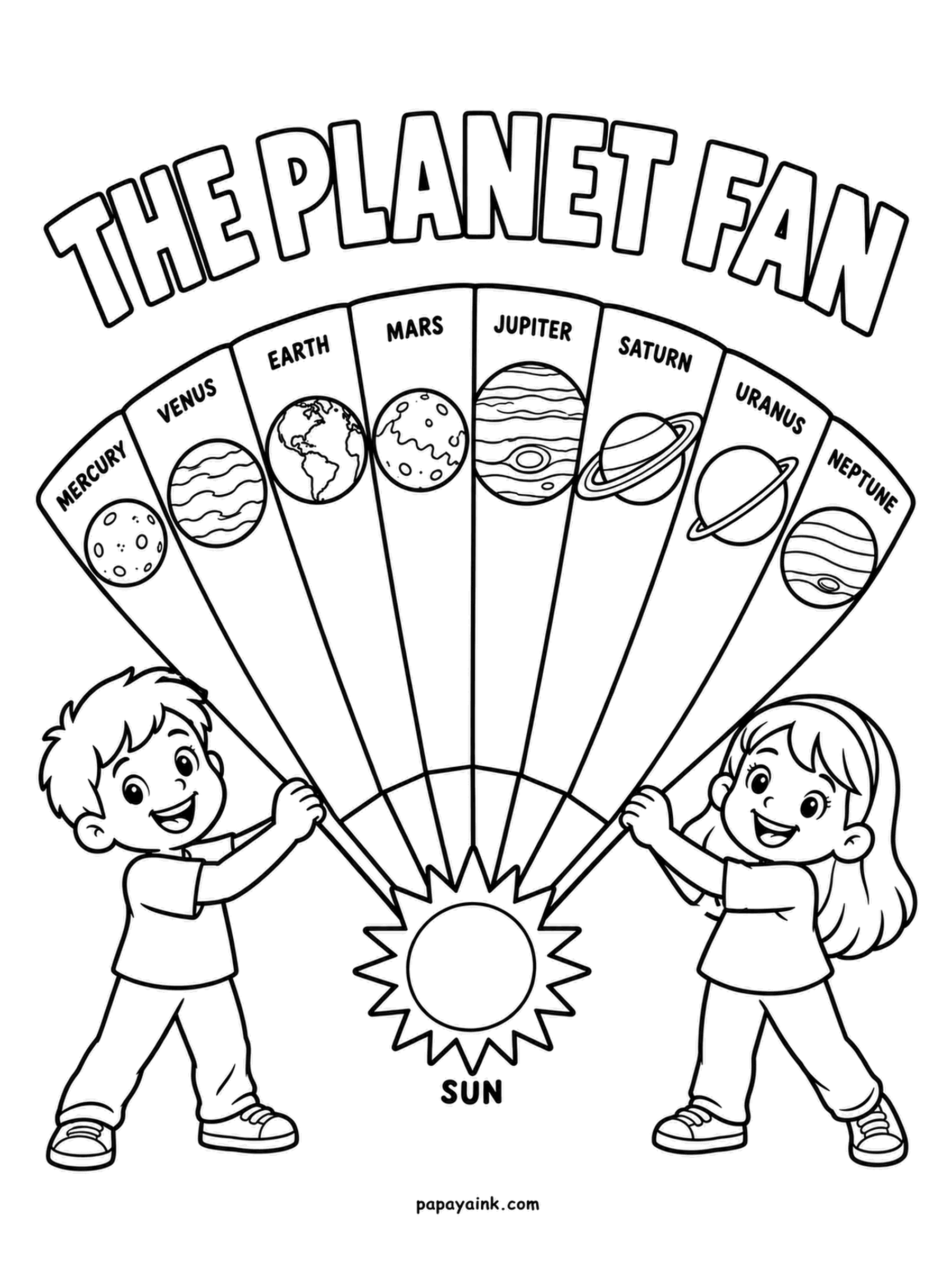 Planet Coloring Pages - The planet fan: a boy and a girl hold up a folding fan whose panels carry the Sun and the eight planets in order. Color each panel a different shade and the fan turns into a rainbow of the solar system.