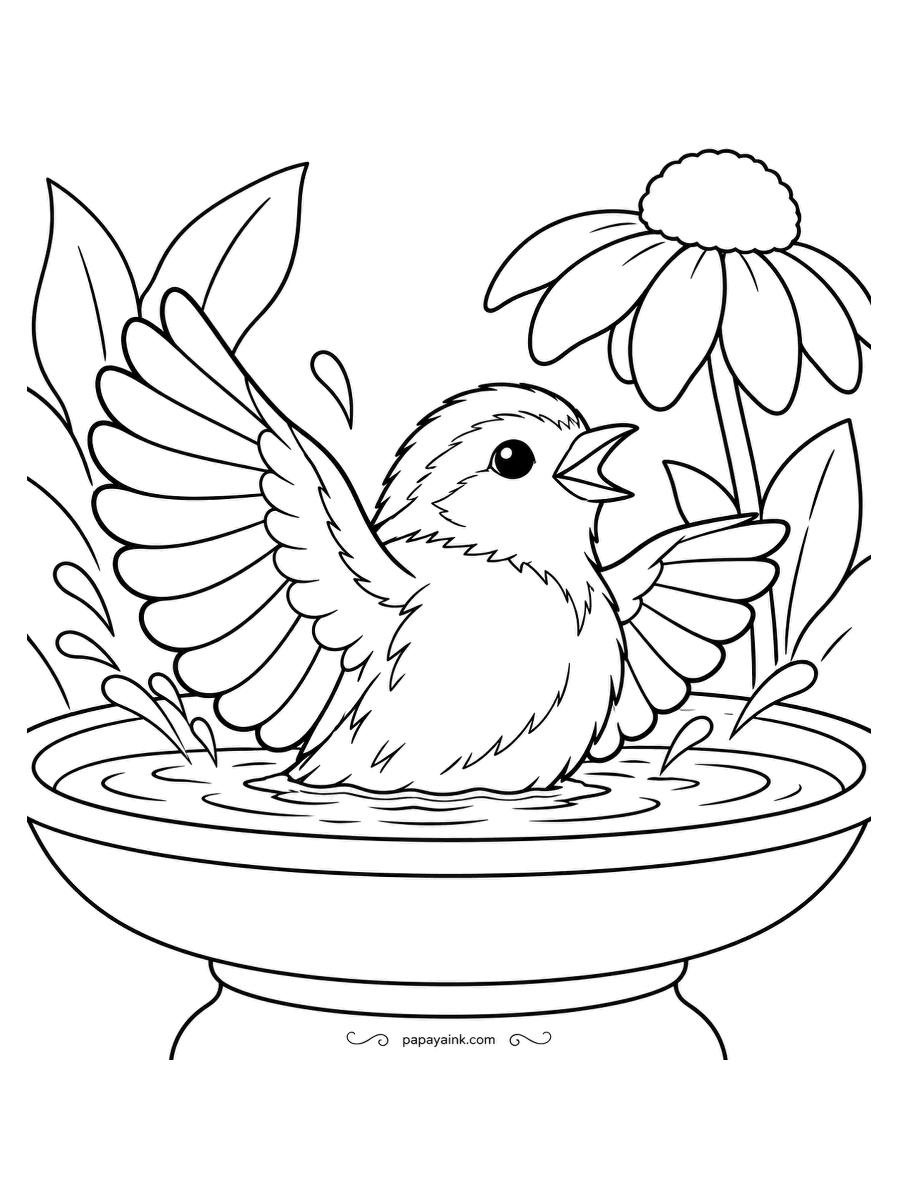 Garden Coloring Pages - Wings flung wide, a small songbird splashes in a shallow bath with drops flying in every direction and a coneflower behind. Draw the water as rings of light blue and let the splash drops stay the color of the paper.