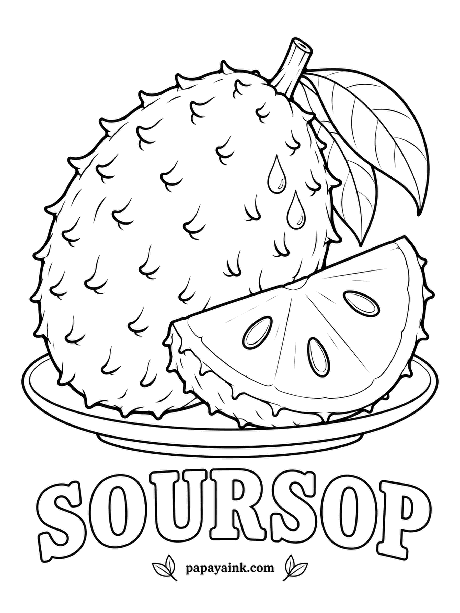 Printable Fruit Coloring Pages - Soursop wears soft, curved spines that look sharp and are not. Dark green outside, cotton white flesh, and jet black seeds scattered through the wedge. The flavor sits somewhere between pineapple and strawberry.