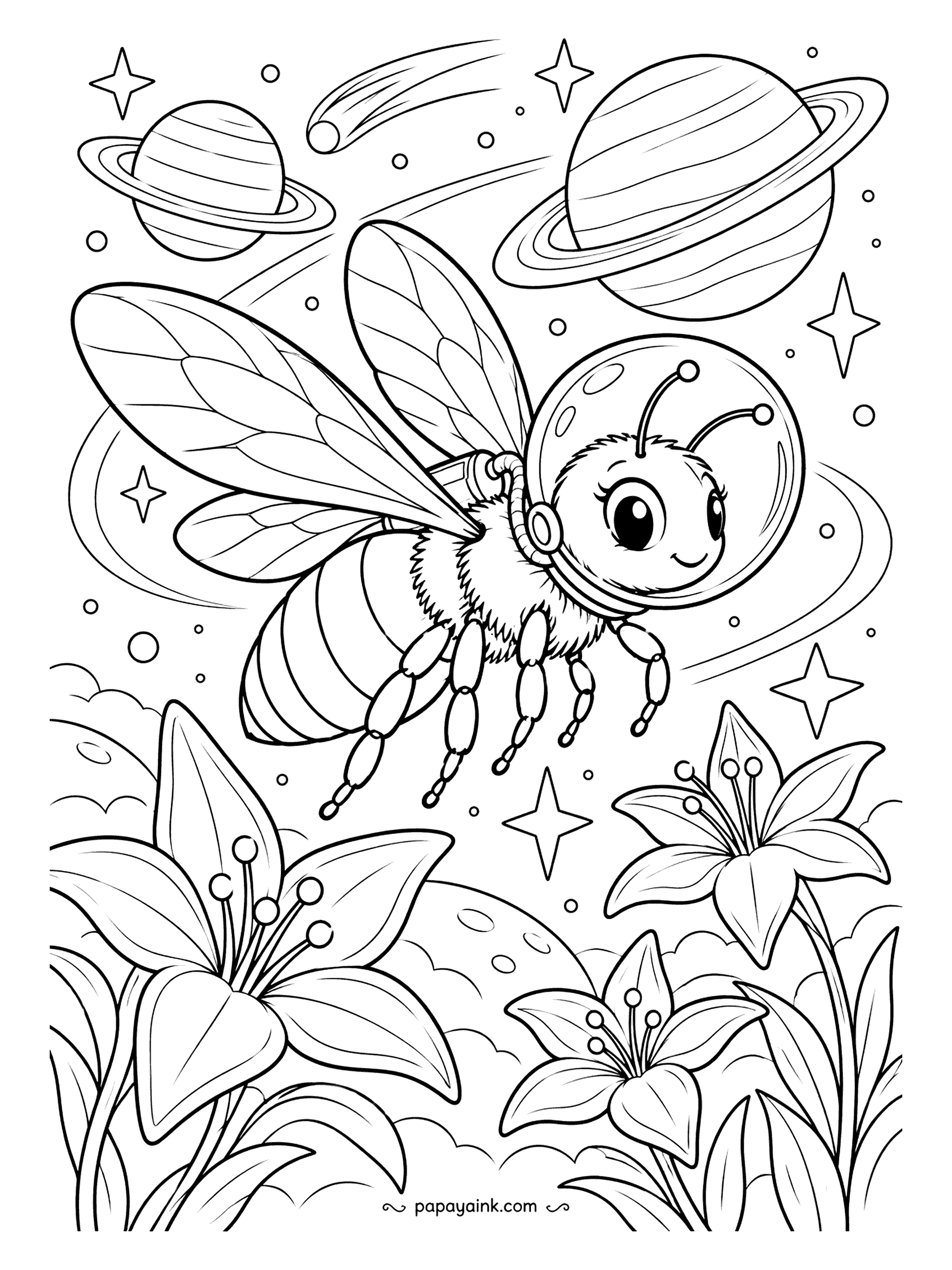 Bee Coloring Pages - Who says bees stay on Earth? This one wears a round helmet and cruises past ringed planets and shooting stars toward a patch of lilies that somehow grows in orbit. Dark blue background, then let the stars and lilies glow.