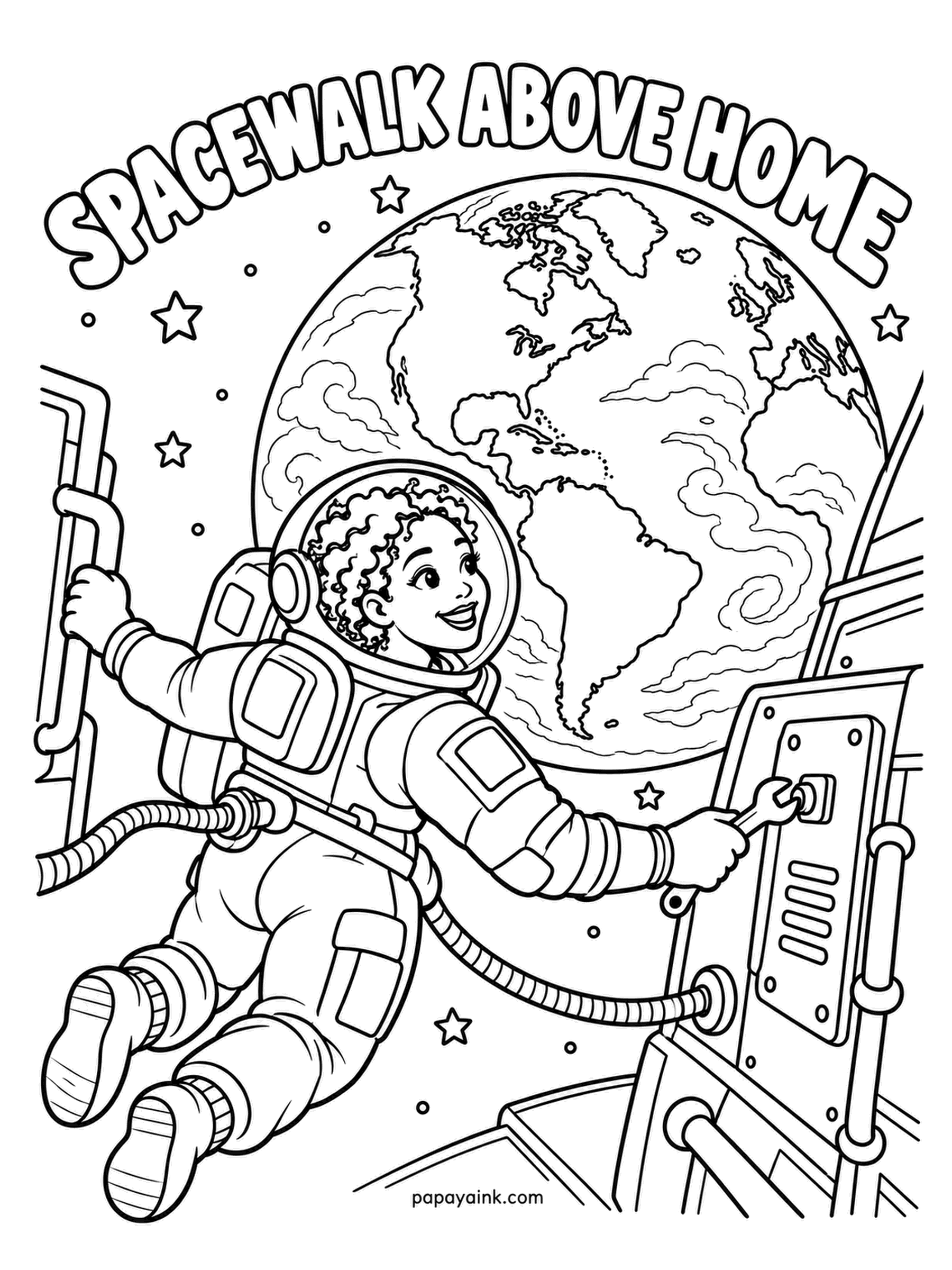 Earth Coloring Pages - Outside the station on a tether, an astronaut turns a handle on the hull with Earth hanging behind her. A spacewalk can last six or seven hours. Suits are white to reflect the sun, so spend the color on the planet and the gold visor.