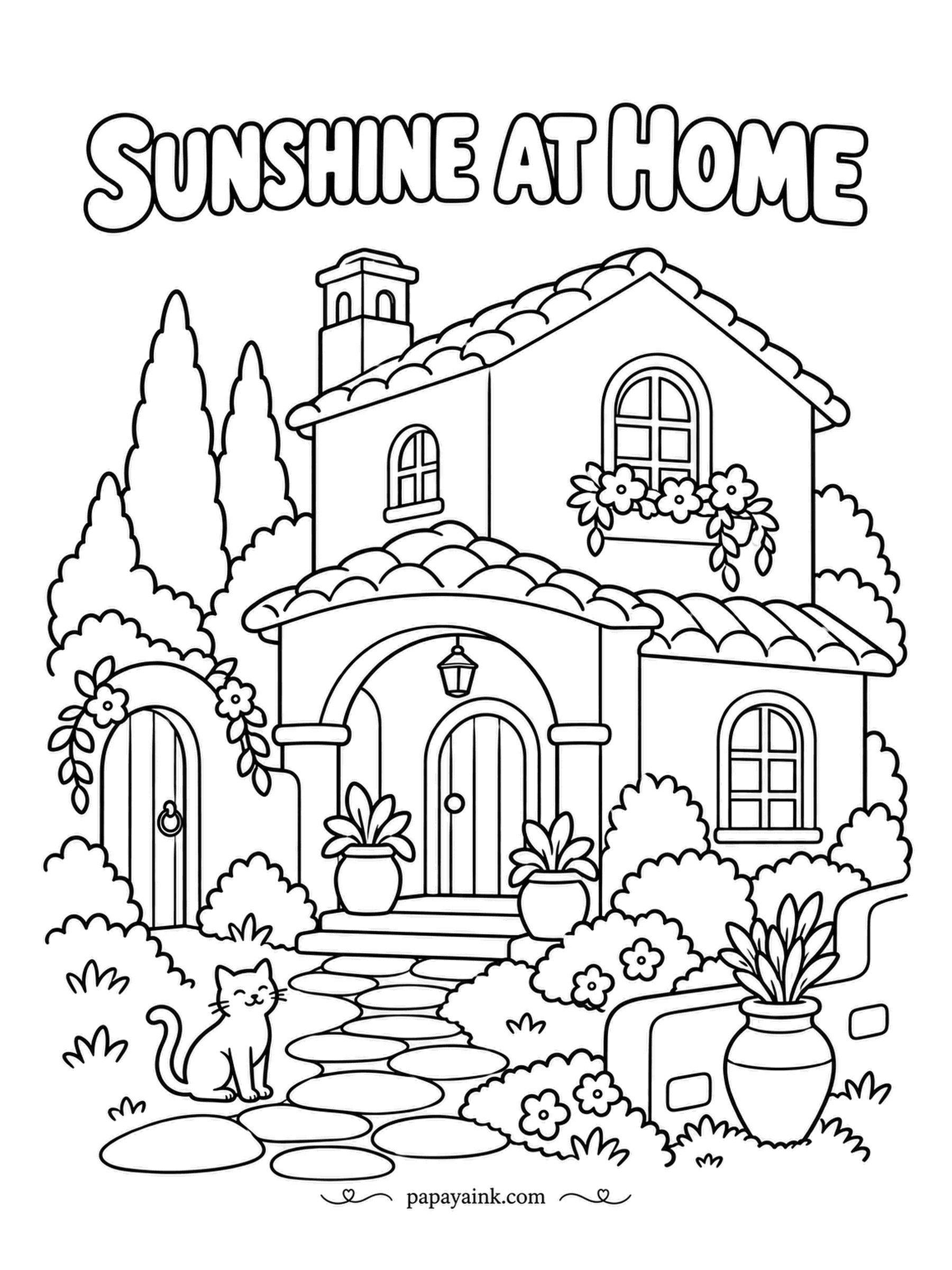 House Coloring Pages - SUNSHINE AT HOME, and the house delivers: a Spanish Revival home with clay tile roofs, an arched entry, a cluster of cypress trees and urns by the door. A cat waits beside the stepping stones. Terracotta for the roofs, white or cream for the stucco.