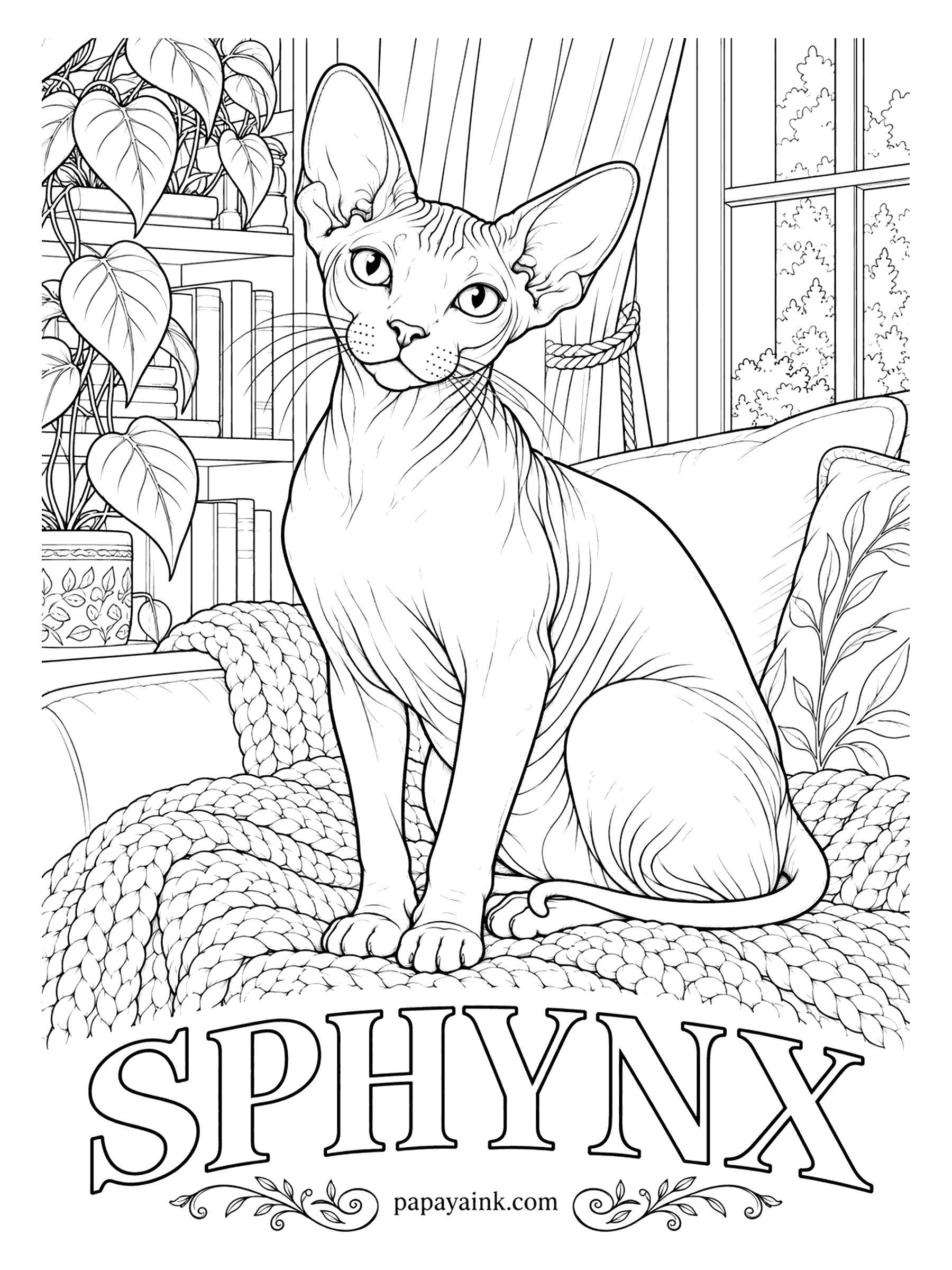 Free Printable Cat Coloring Pages - No fur at all, so a Sphynx is colored like skin, not coat: pink, warm gray, black, spotted or faintly tabby. Work in smooth gradients rather than strokes, darker in the wrinkles of the forehead and neck. The blanket is where the texture goes.