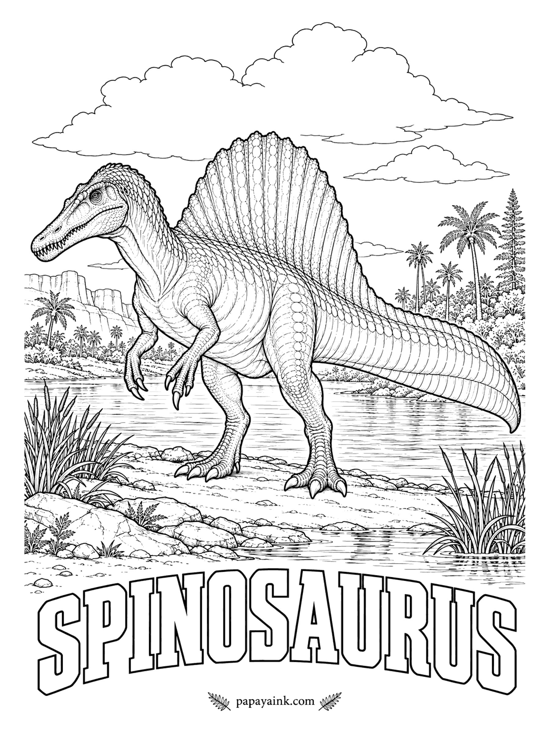 Free Printable Dinosaur Coloring Pages - Probably longer than T. rex, and built for the water's edge. Spinosaurus (SPINE-oh-SORE-us, spine lizard) carried a sail over five feet high on its back and caught fish with a long crocodile-like snout. A meat-eater about 46 feet long, it lived along the rivers of North Africa some 95 million years ago.