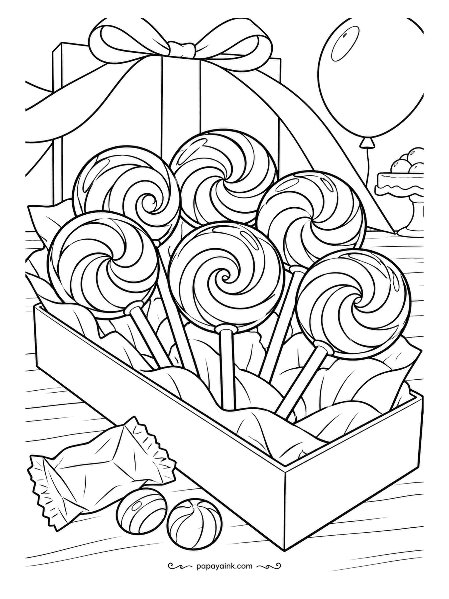 Candy Coloring Pages - Standing in a gift box at the party, the spiral lollipops share the spread with a balloon, a bow and a cake stand further back. A candy in its wrapper and two drops wait alongside. Every spiral a different pair of colors.