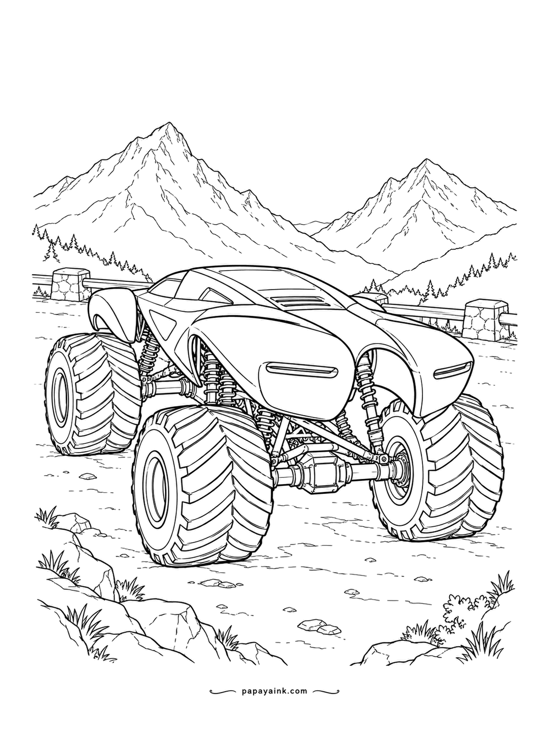 Monster Truck Coloring Pages - Summit layby with a guardrail and jagged peaks across the top, the split-stern sprint truck pausing for the view. Pine slopes below the snow line. Browns, greens and white peaks.